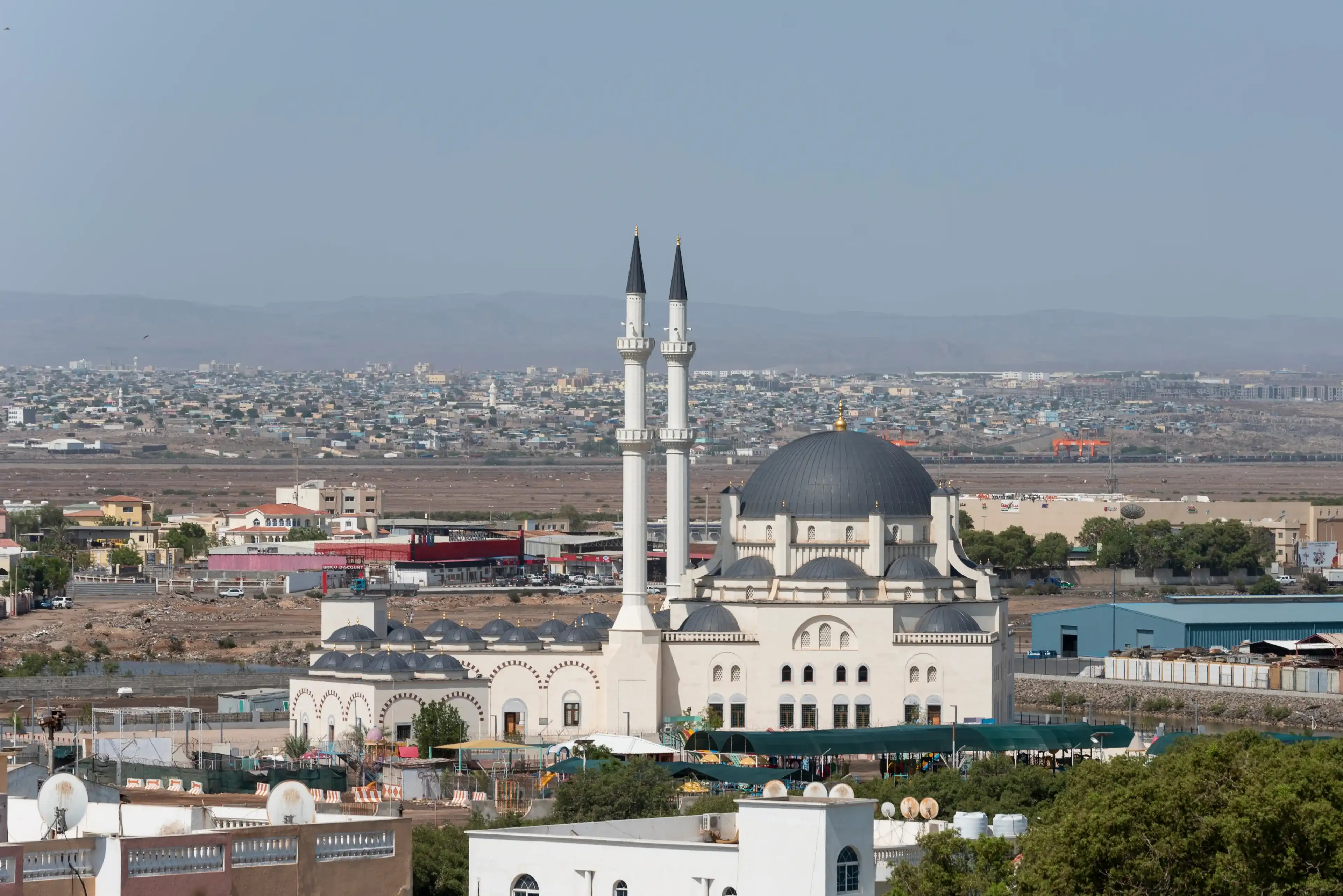 Republic of Djibouti / Djibouti - September 12 2020 : Abdulhamid II Khan Mosque (Turkish Mosque) build from Turkey - Largest mosque in East Africa Republic of Djibouti / Djibouti - September 12 2020 : Abdulhamid II Khan Mosque (Turkish Mosque) build from Turkey - Largest mosque in East Africa