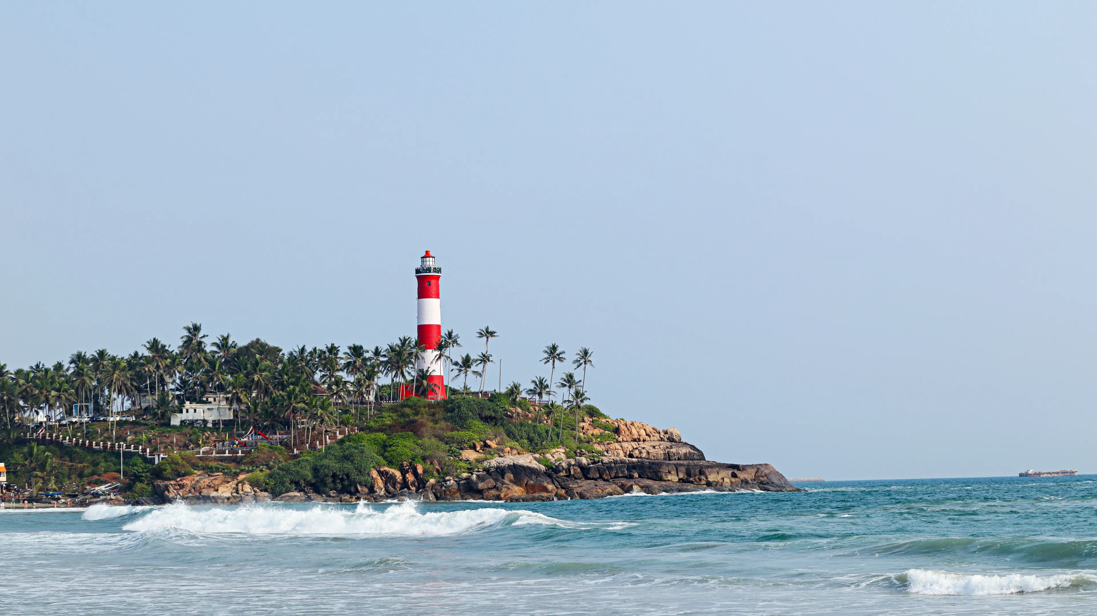 View of Kovalam Lighthouse and beach, Kovalam, Thiruvananthapuram, Kerala, India.