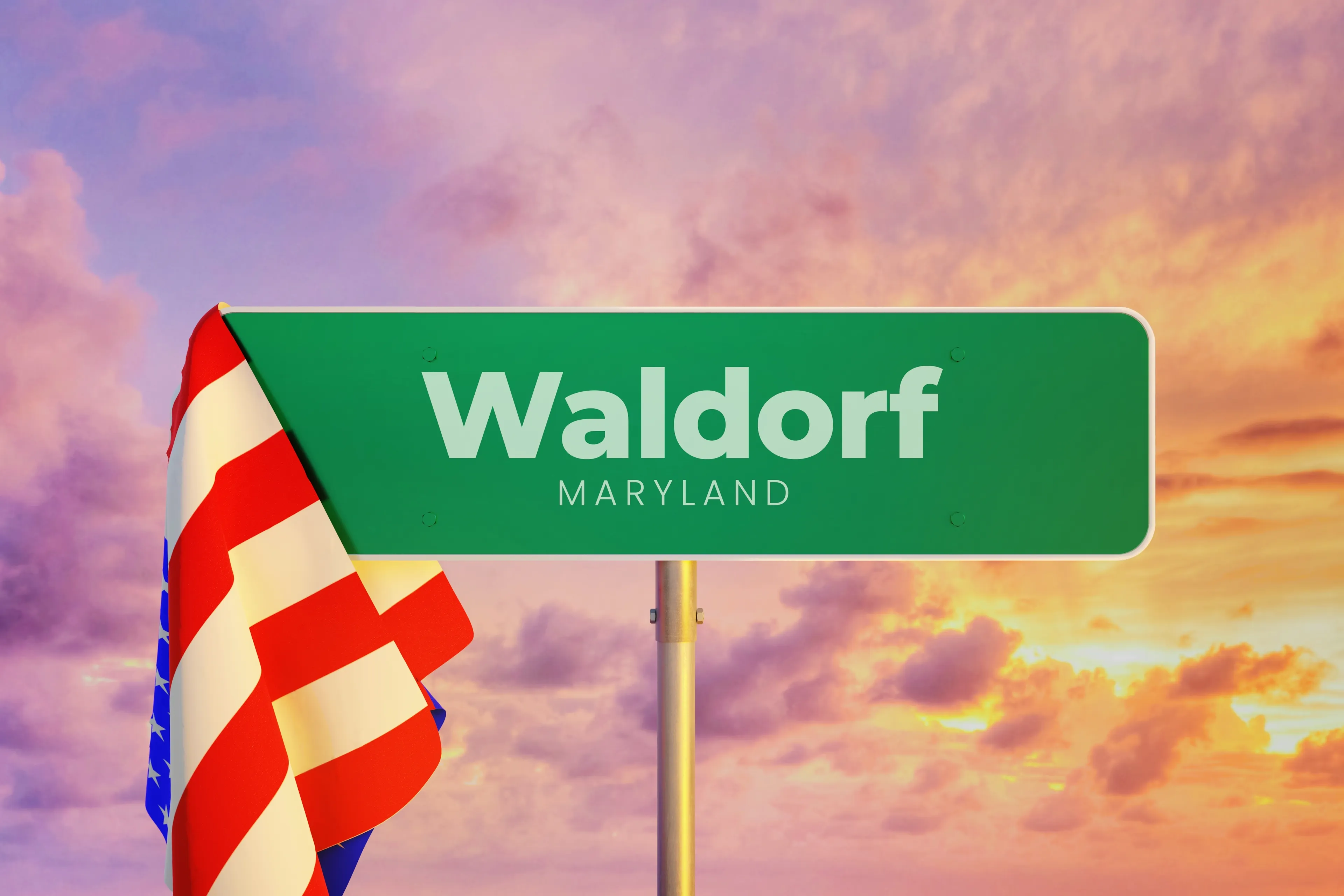 Waldorf - Maryland USA. Road or City Sign. Flag of the united states. Sunset Sky.