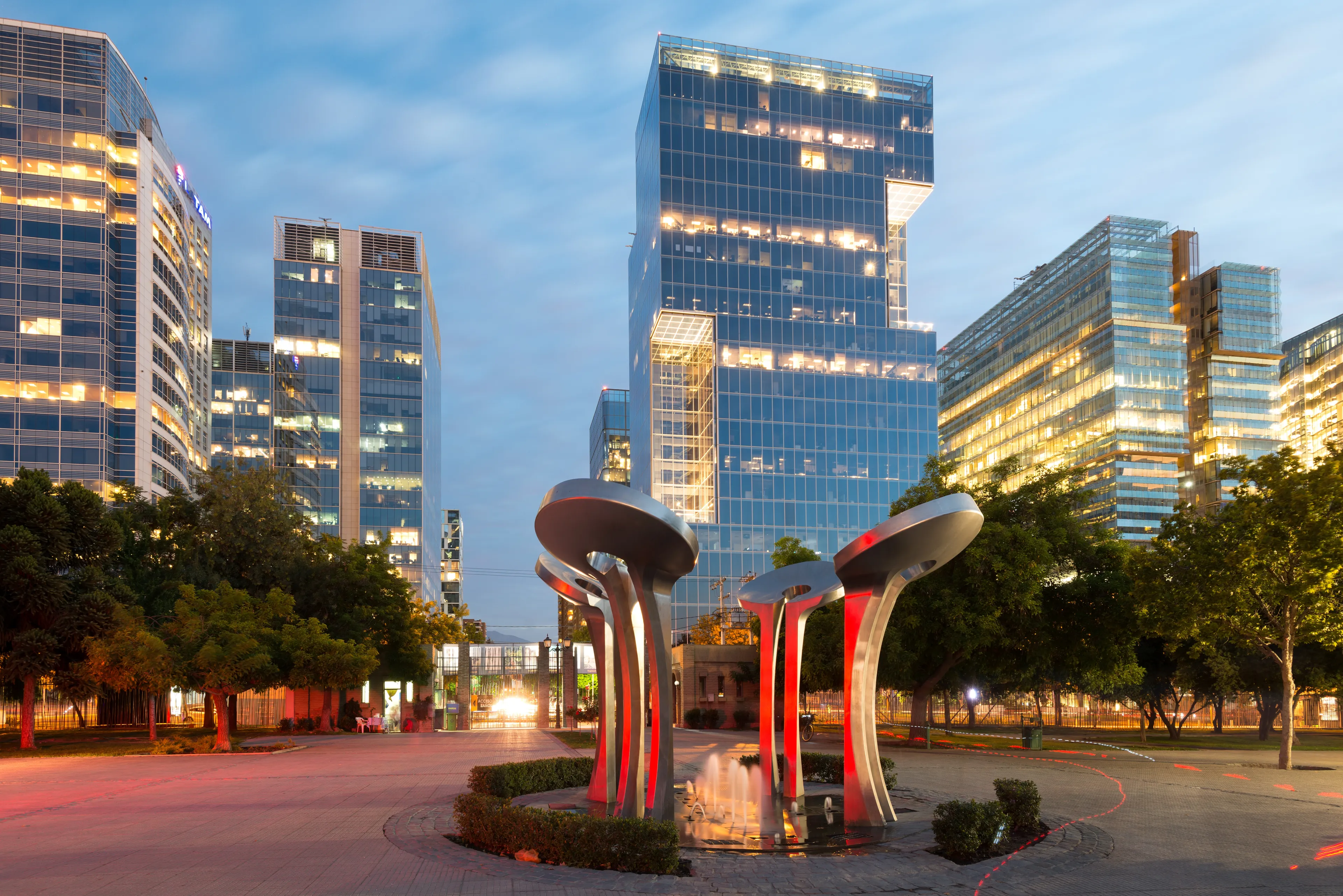 Santiago, Region Metropolitana, Chile - Nueva Las Condes, the new financial district in Santiago, home top high end corporate buildings in front of Araucano Park