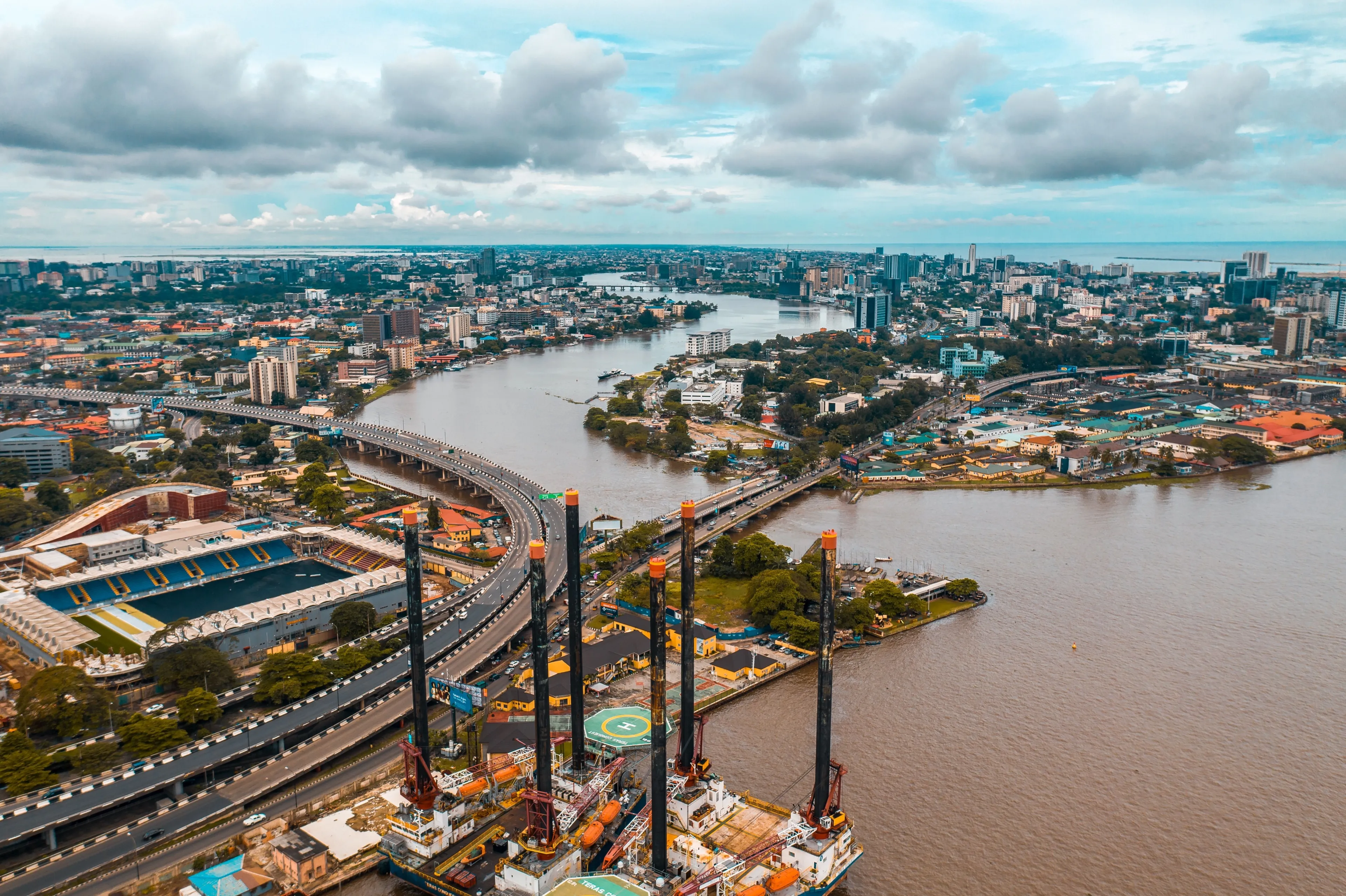 An aerial view of Lagos city waterside roads and buildings