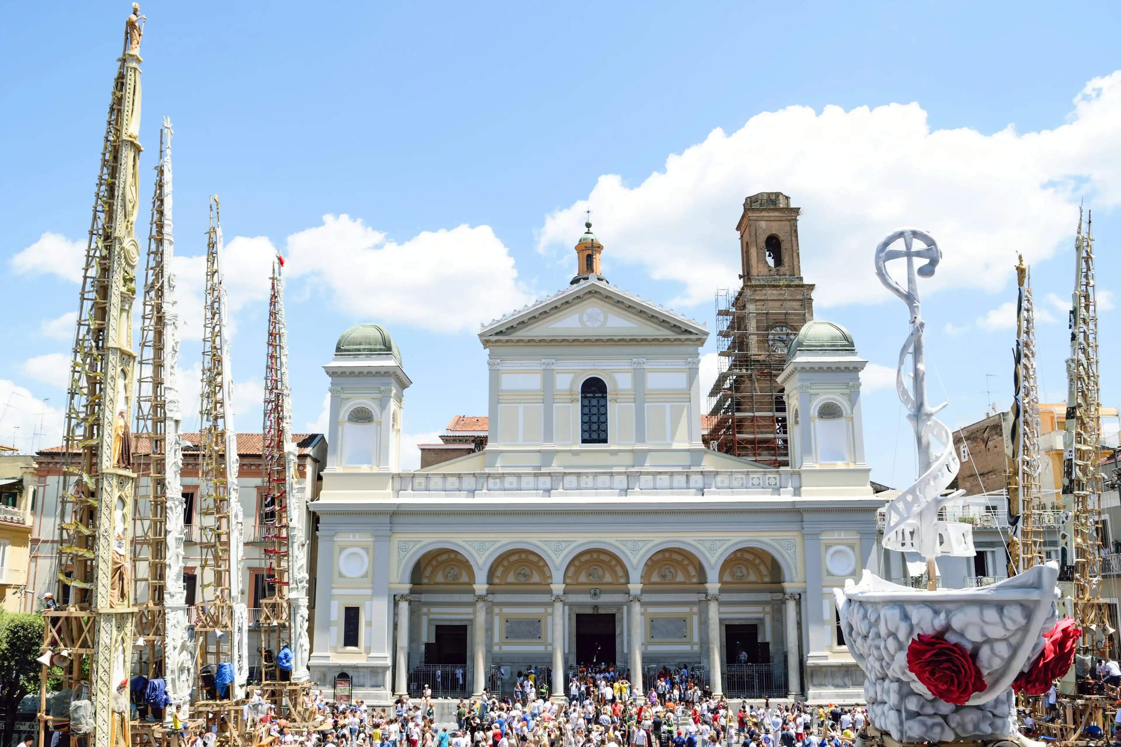 Nola, Italy - 25 June, 2023: Thousands of people celebrate the “Festa dei Gigli” (“Feast of the Lilies”) in the main square of the city Nola, Italy - 25 June, 2023: Thousands of people celebrate the “Festa dei Gigli” (“Feast of the Lilies”) in the main square of the city