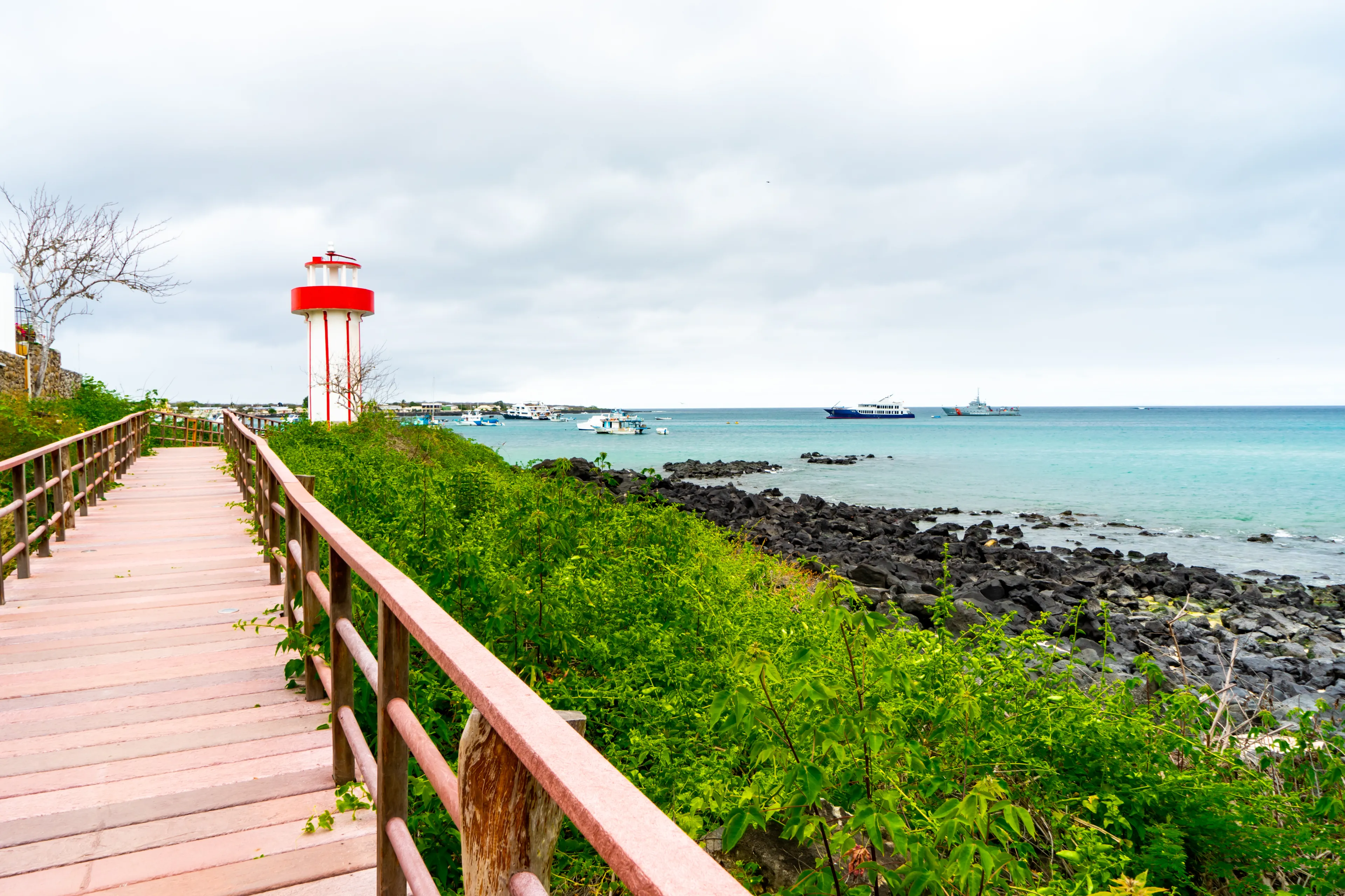 Ecuador. On the Galapagos Island San Cristobal. Wooden pathway along the coast near Puerto Villamil.