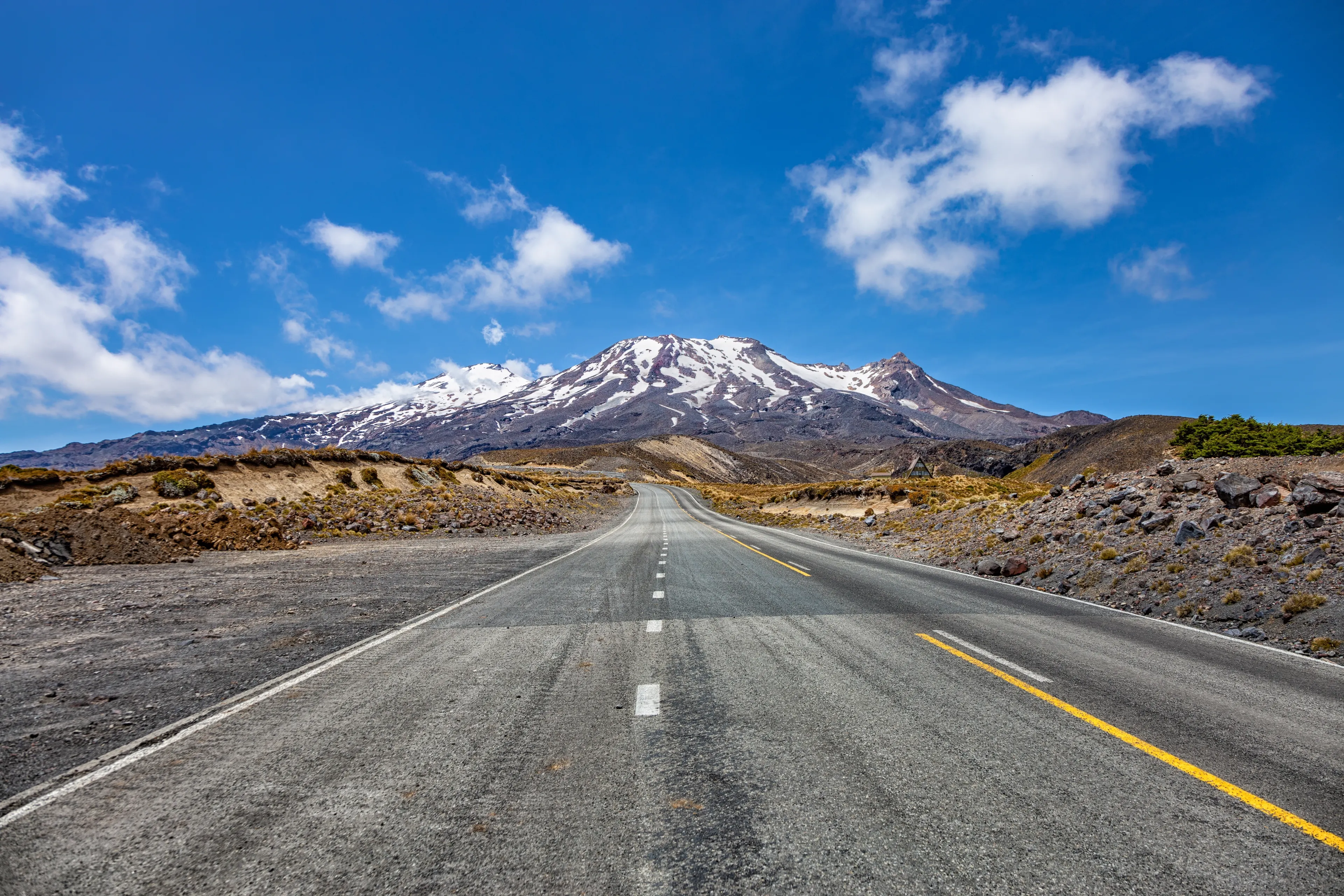 Mount Ruapehu, Manawatu-Wanganui, North Island, New Zealand, Oceania. Panoramic view of Mount Ruapehu from Ohakune Mountain Road.