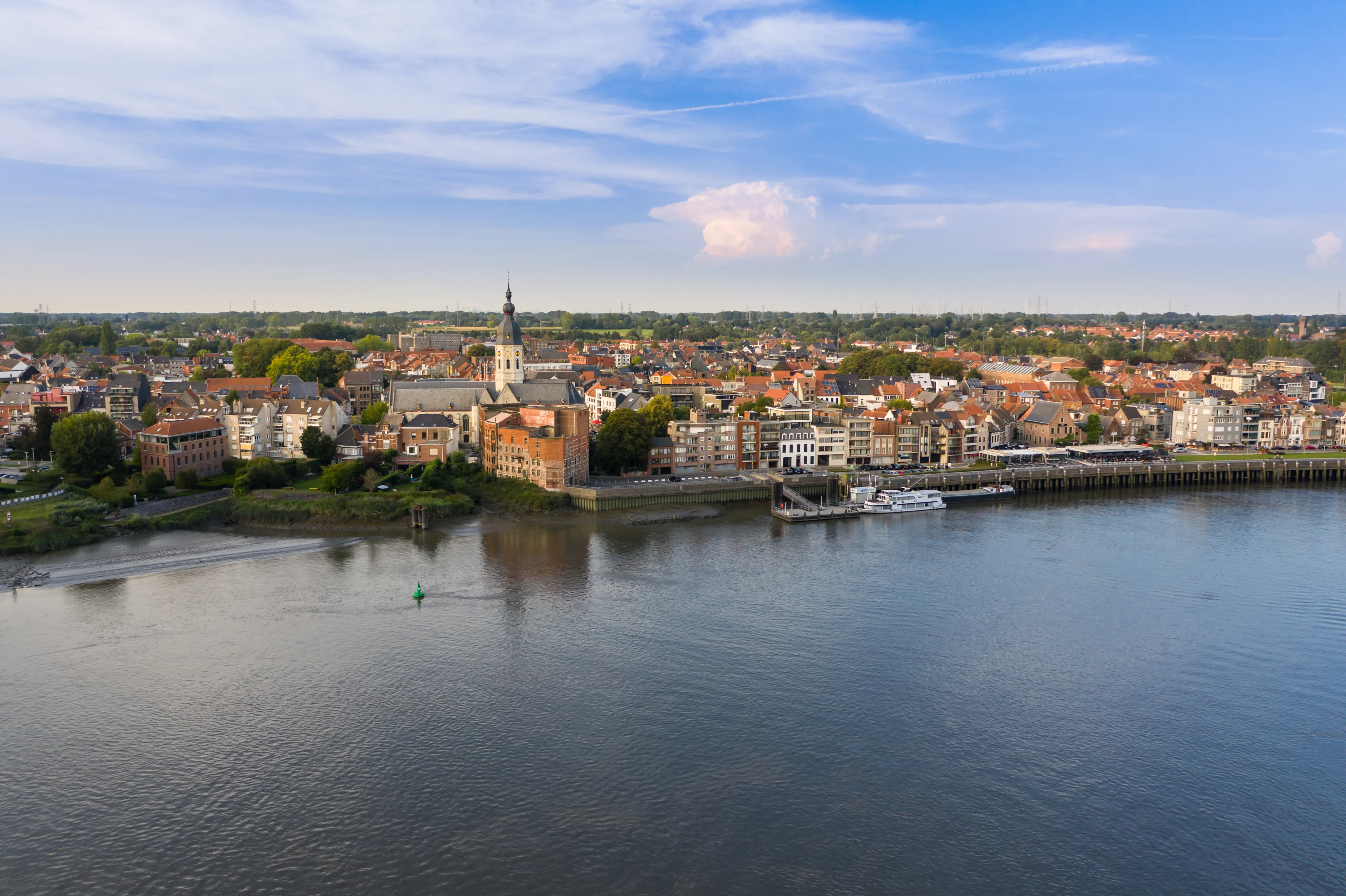 Aerial view of of Temse, a town in East Flanders, on the banks of Scheldt river