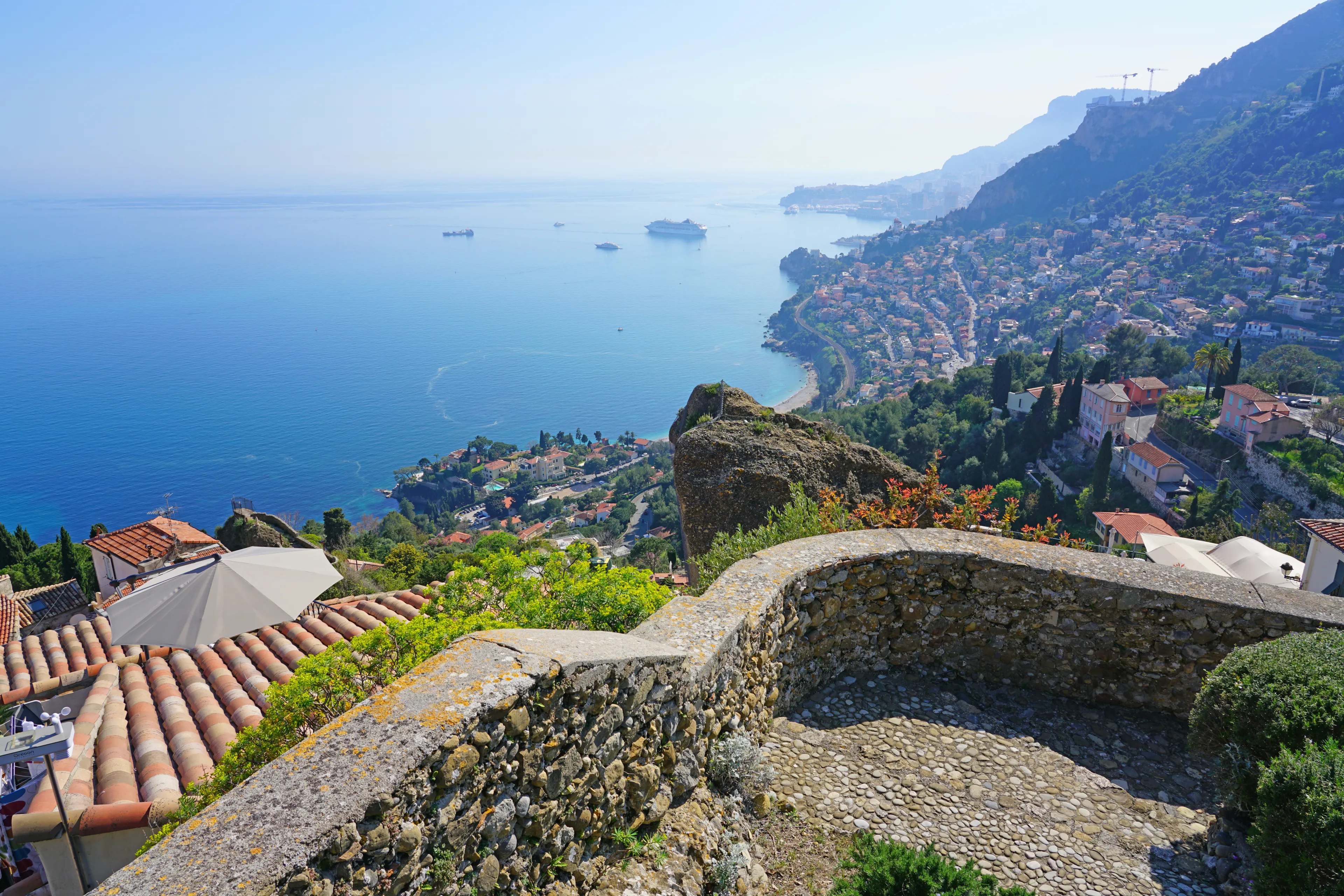 ROQUEBRUNE-CAP-MARTIN -22 APR 2018- View of the castle of Roquebrune in the perched fortified medieval village overlooking Roquebrune-Cap-Martin and the Mediterranean Sea on the French Riviera.