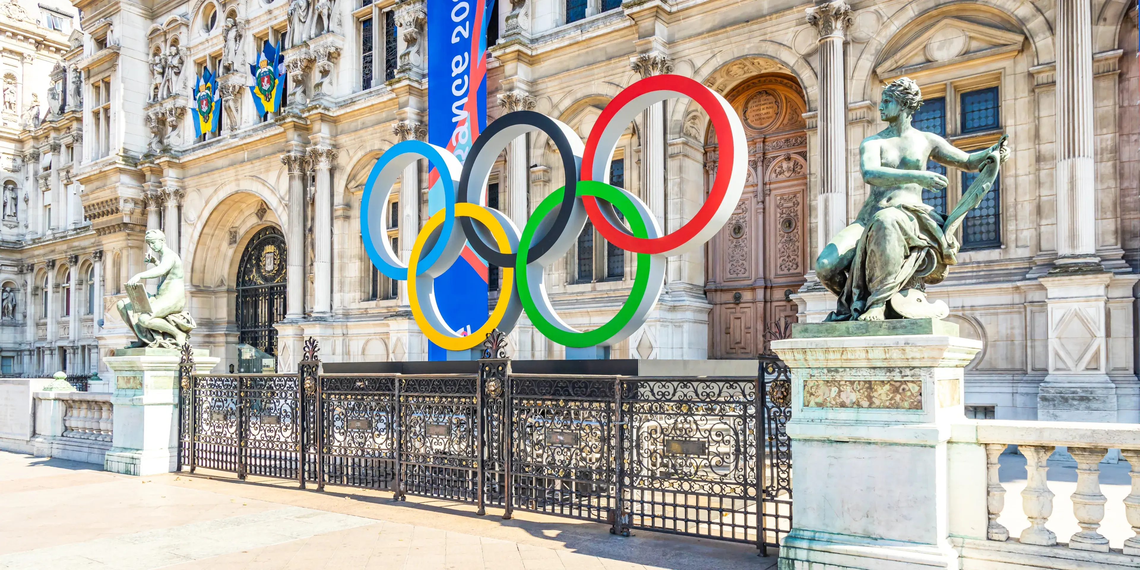 Paris, France - September 10, 2023 : Olympic rings of Paris 2024 summer games on Place de l'Hotel de Ville square Paris, France - September 10, 2023 : Olympic rings of Paris 2024 summer games on Place de l'Hotel de Ville square