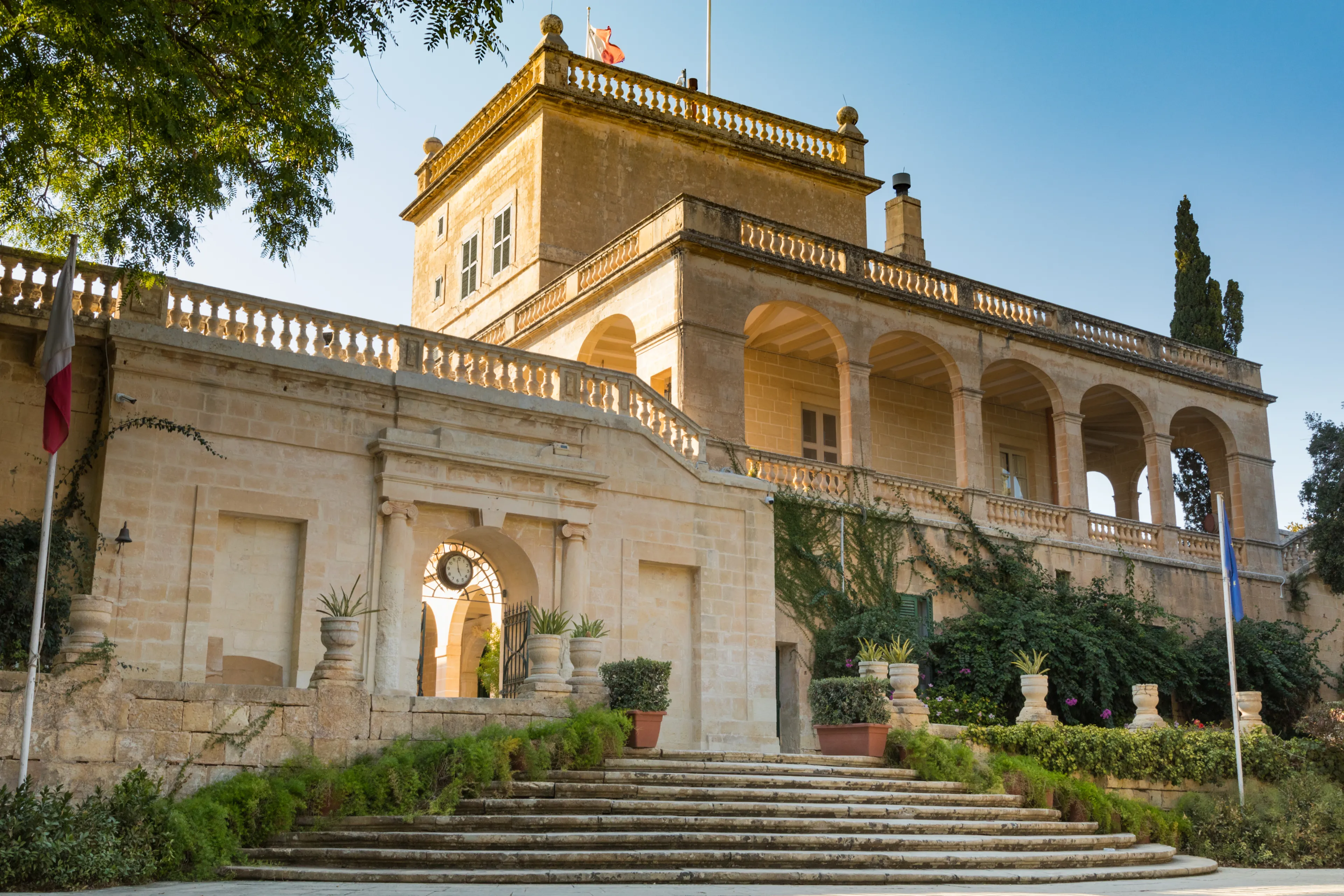 Steps leading up to the Presidential Palace in San Anton Gardens also known as the President's Gardens, Attard, Malta, Europe.