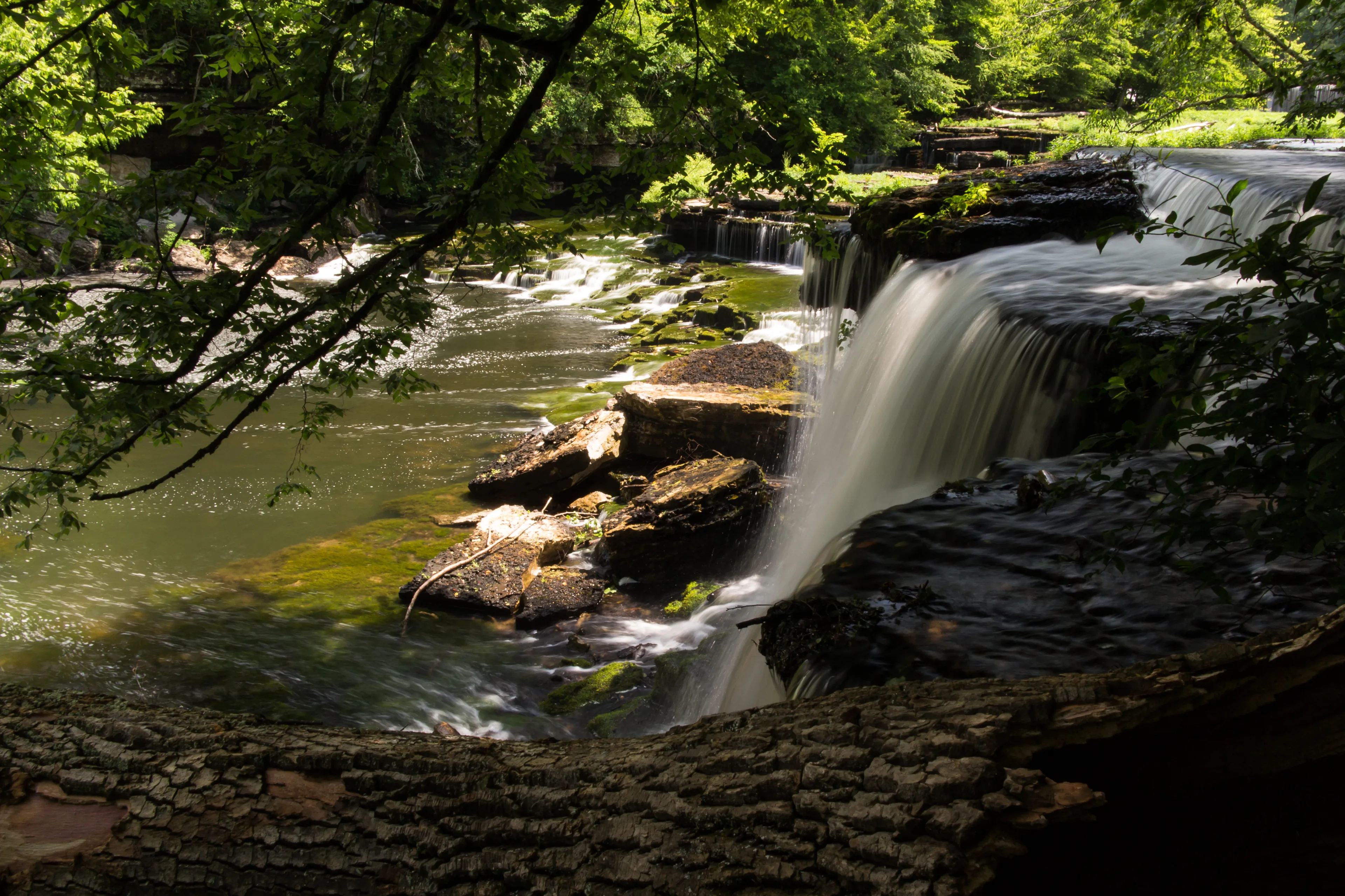 A waterfall in a forest. Old Stone Fort State Archaeological Park, Manchester, TN, USA.