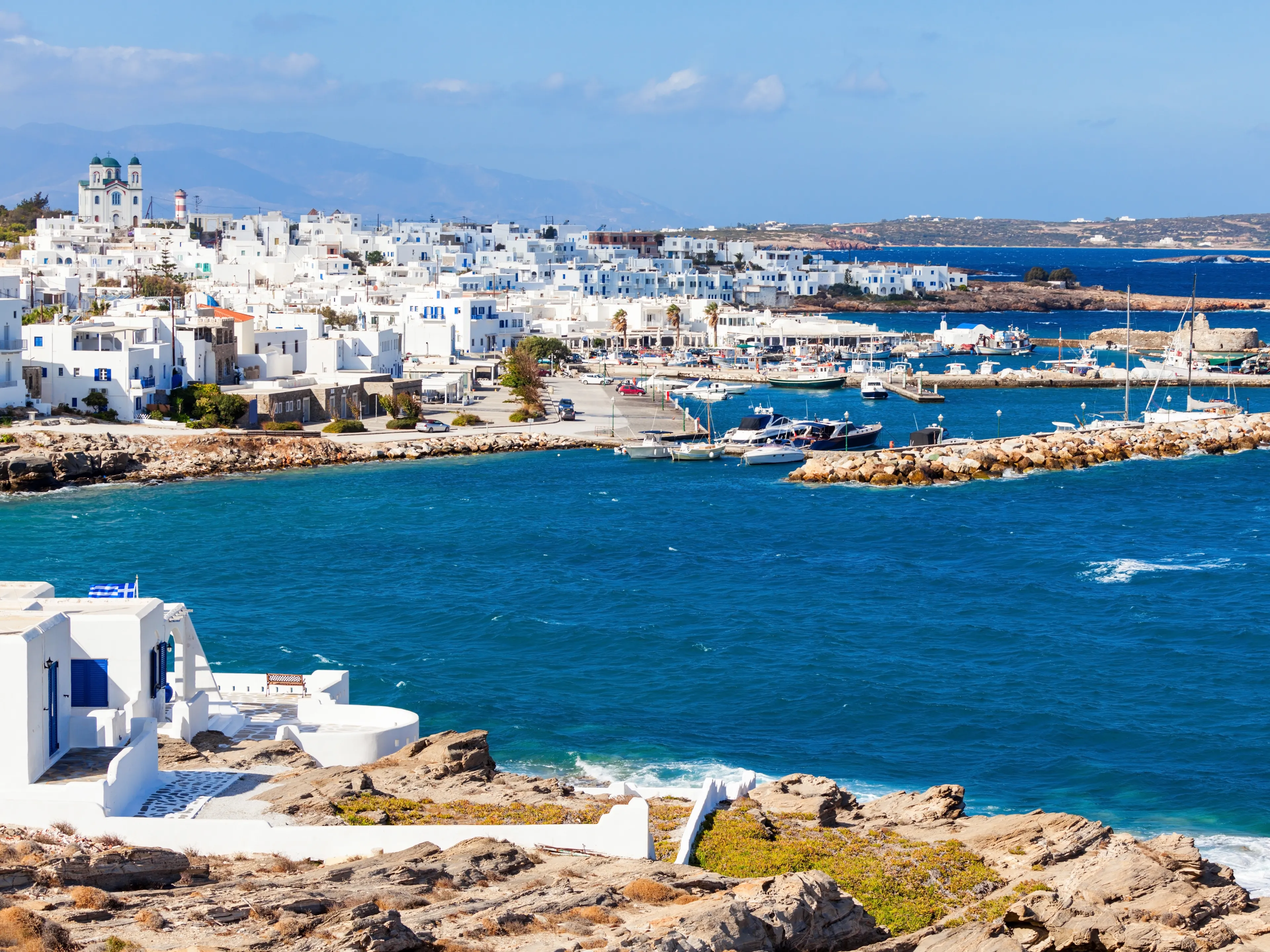 Parikia town aerial panoramic view, Paros island in Greece