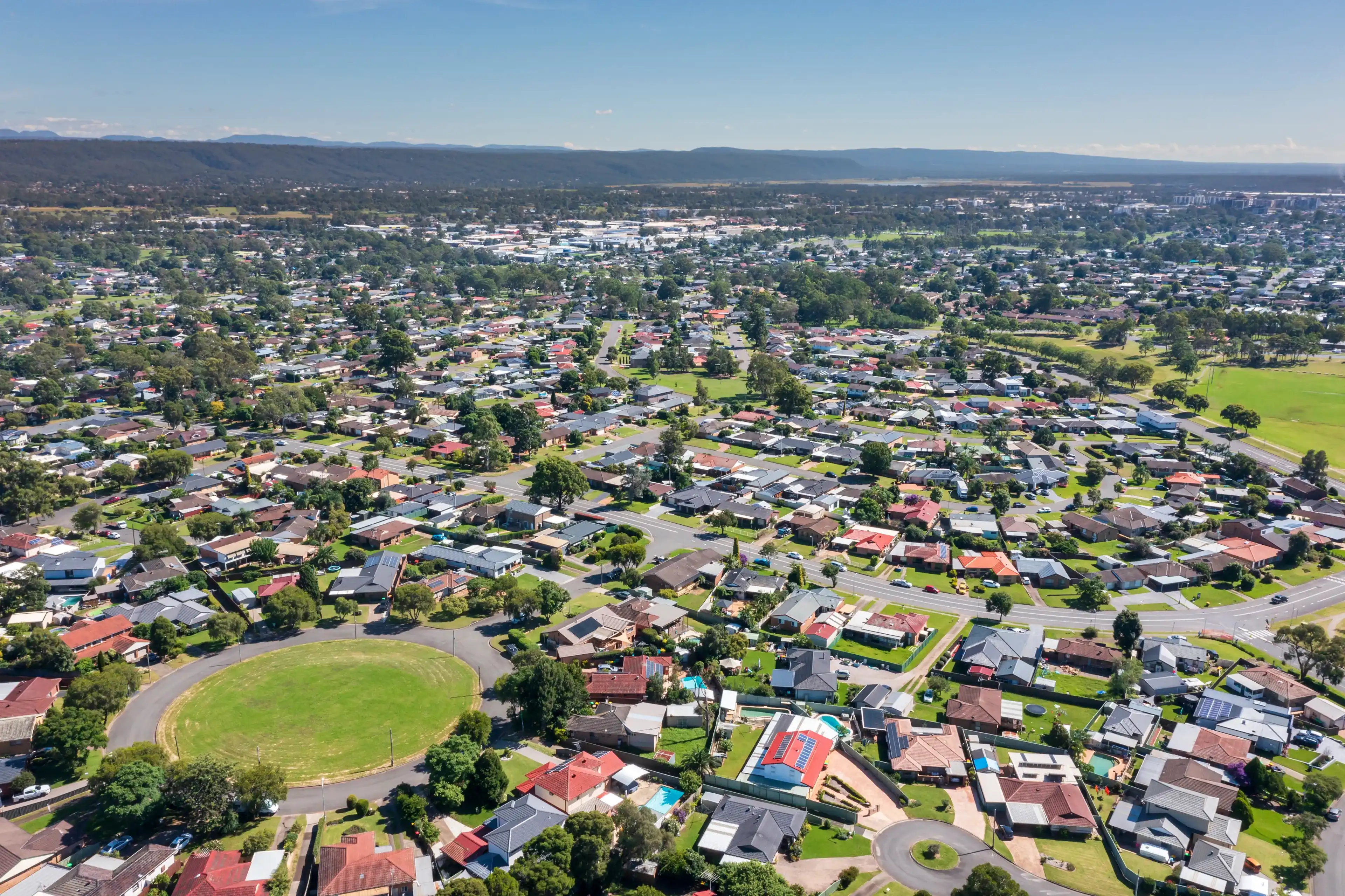 Aerial view of residential houses in the suburb of South Penrith in greater Sydney in New South Wales in Australia Aerial view of residential houses in the suburb of South Penrith in greater Sydney in New South Wales in Australia
