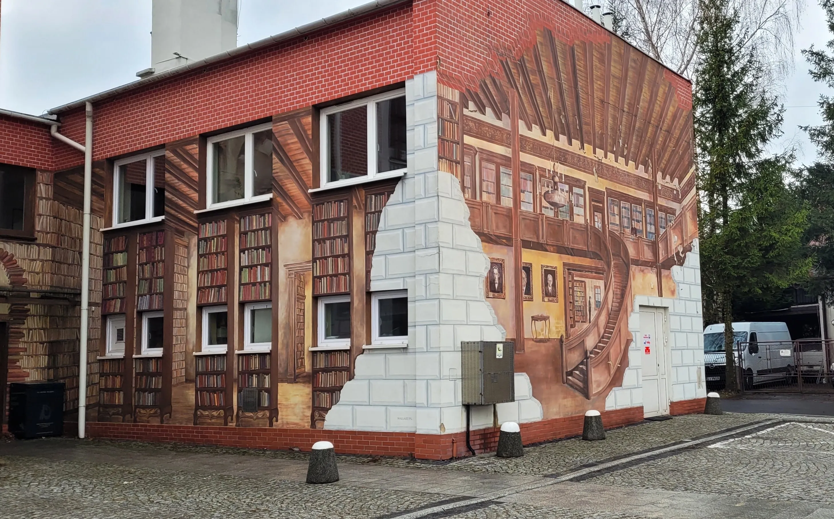 Ustroń Poland 28.01.2024 mural on the wall of the municipal library showing the library room