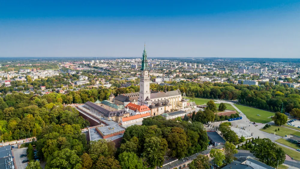 Poland, Częstochowa. Jasna Góra fortified monastery and church on the hill. Famous historic place and Polish Catholic pilgrimage site with Black Madonna miraculous icon.