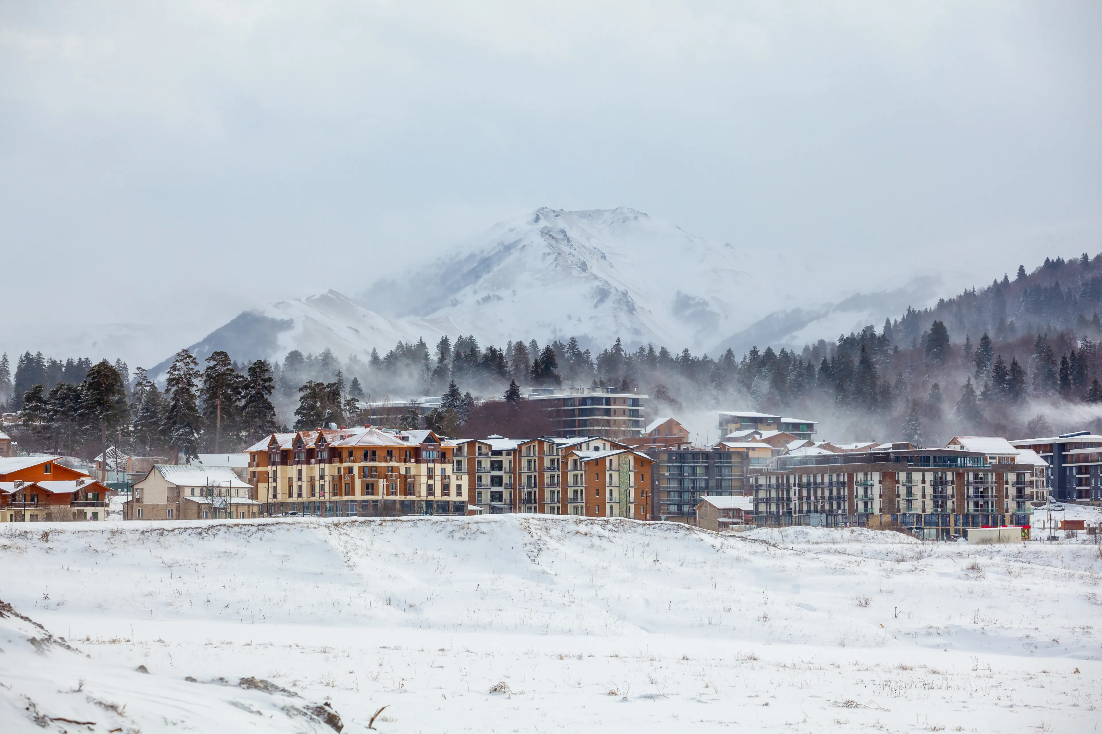 View of Bakuriani, winter resort in Georgia. Sports recreation