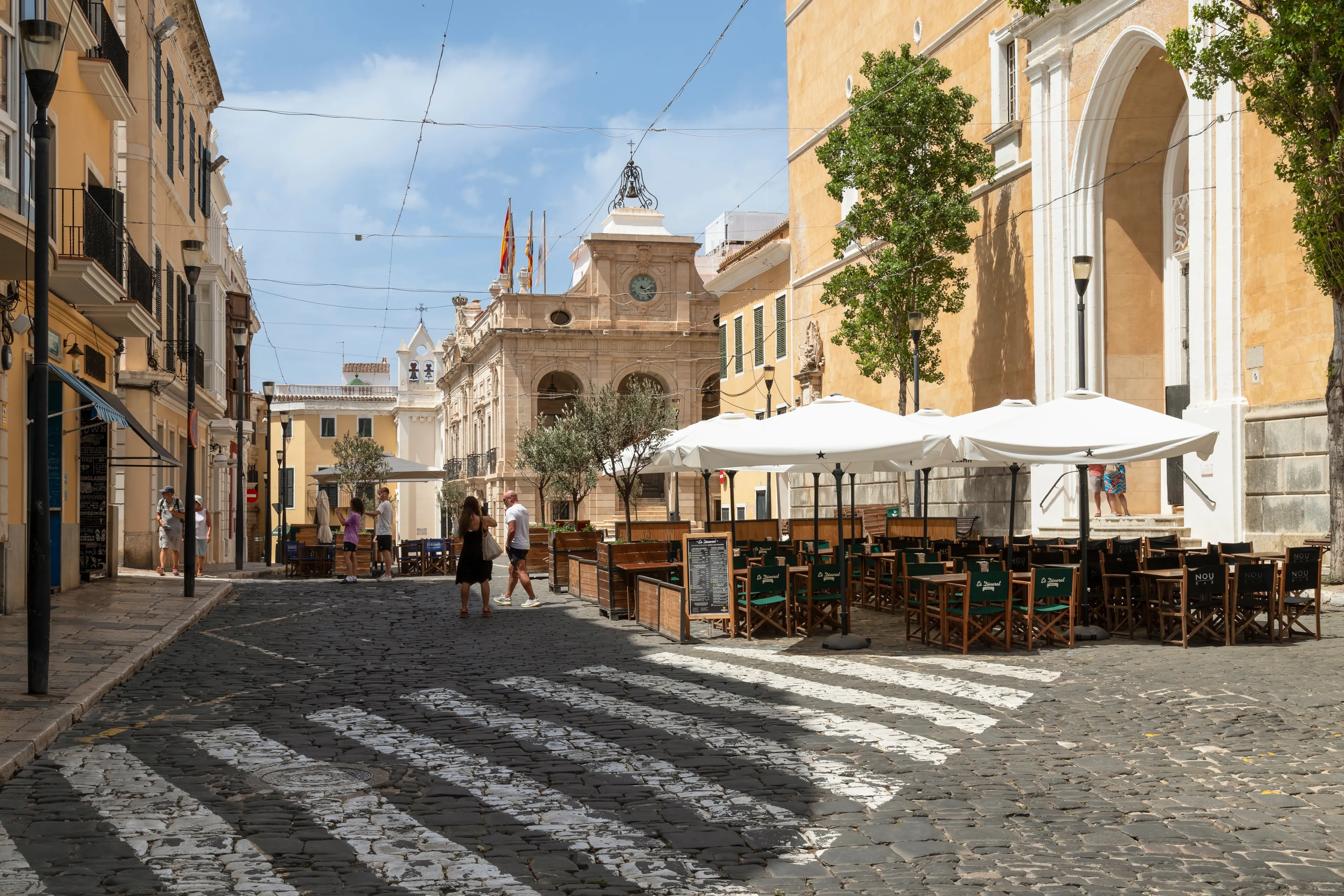 Mahón, Spain, June 22, 2023; Church of Santa Maria de Maó and the town hall in the town of Mahon m on the Spanish island of Menorca.