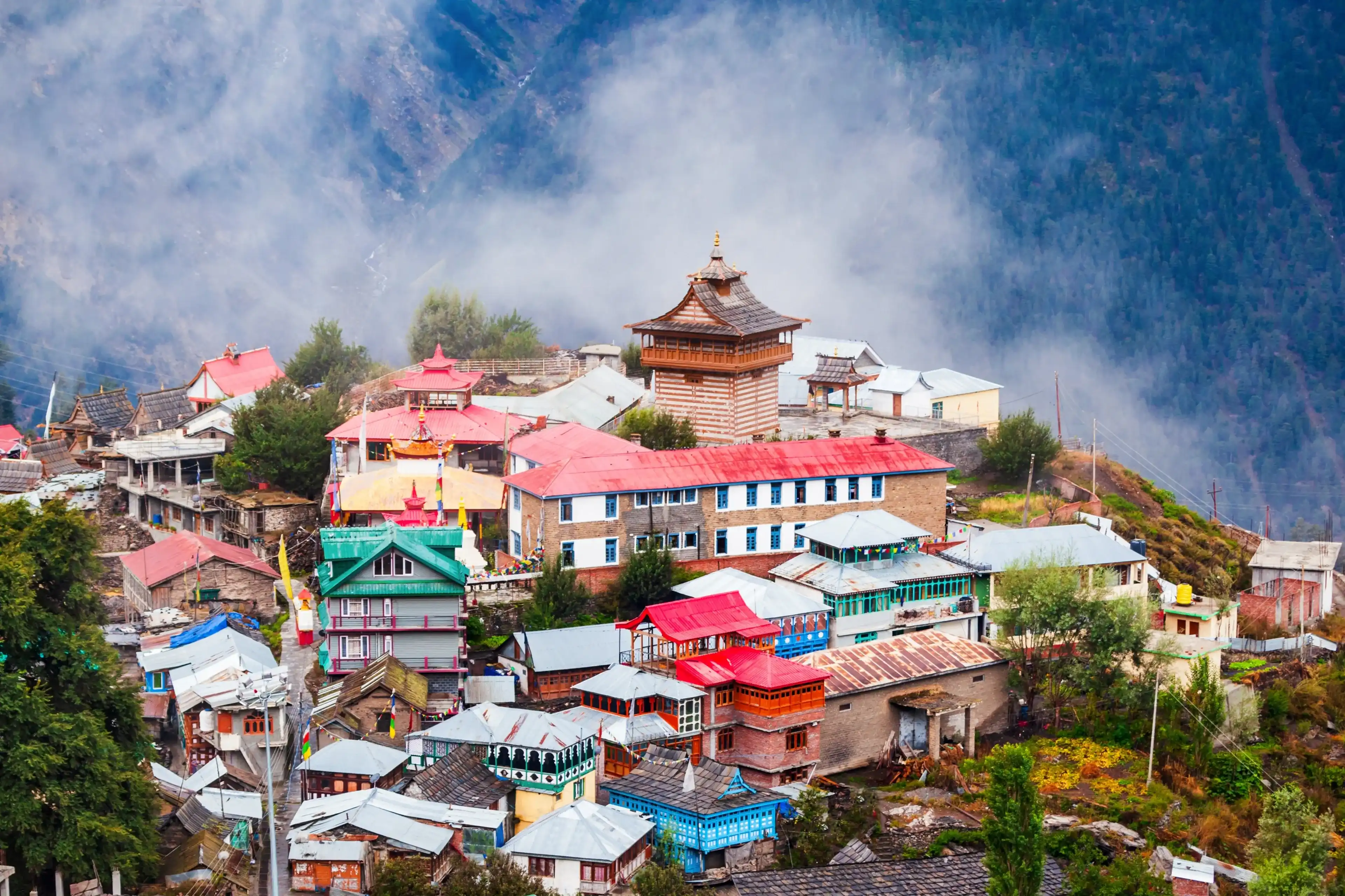 Kalpa and Kinnaur Kailash mountain aerial panoramic view. Kalpa is a small town in the Sutlej river valley, Himachal Pradesh in India Kalpa and Kinnaur Kailash mountain aerial panoramic view. Kalpa is a small town in the Sutlej river valley, Himachal Pradesh in India
