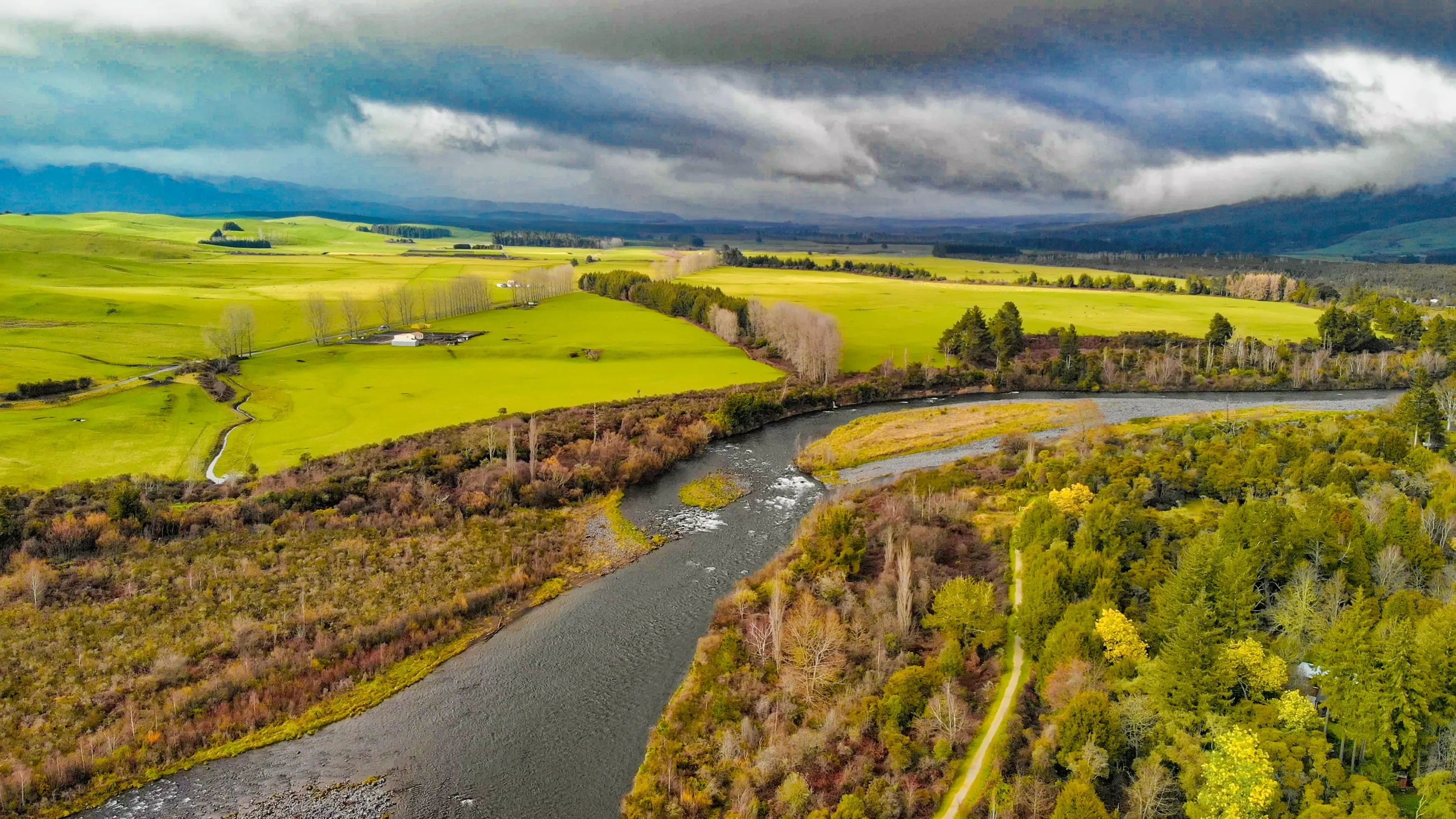 Aerial view of Turangi landscape at sunset, New Zealand.