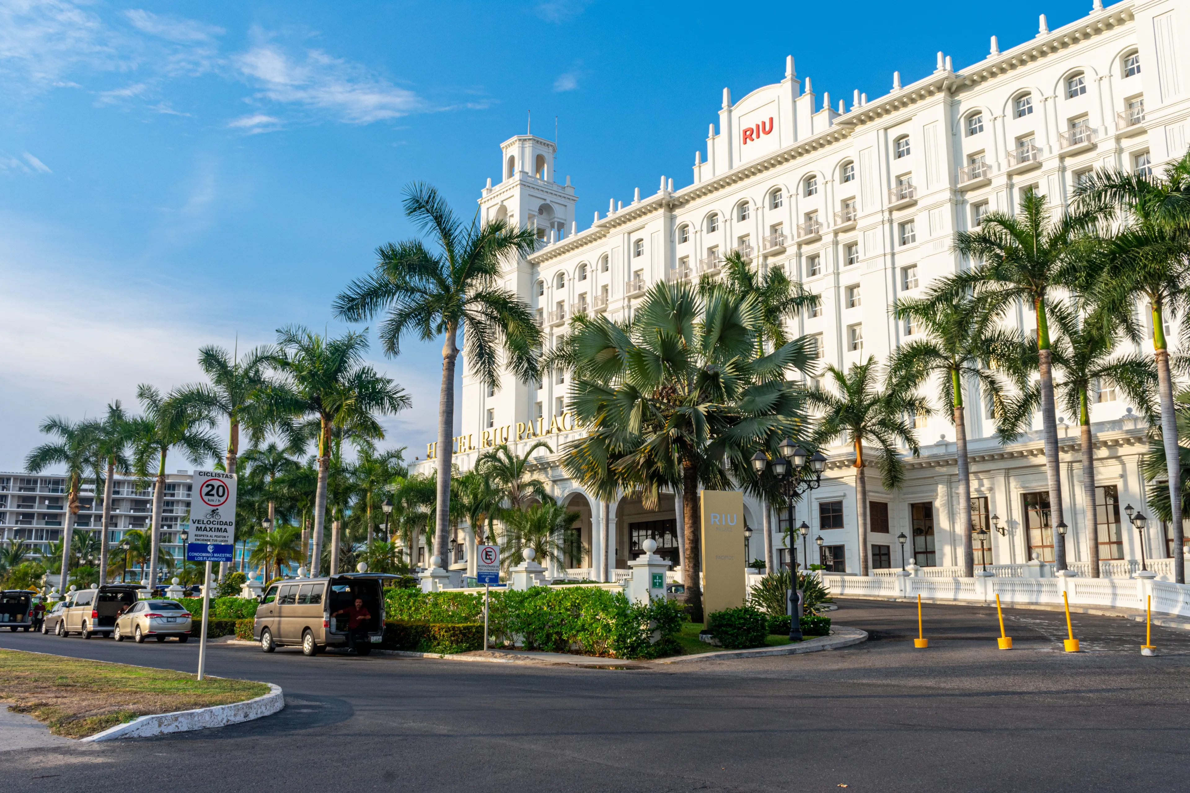 Nuevo Vallarta, Nayarit, Mexico - September 13, 2021: Facade Hotel Riu Palace and palm trees