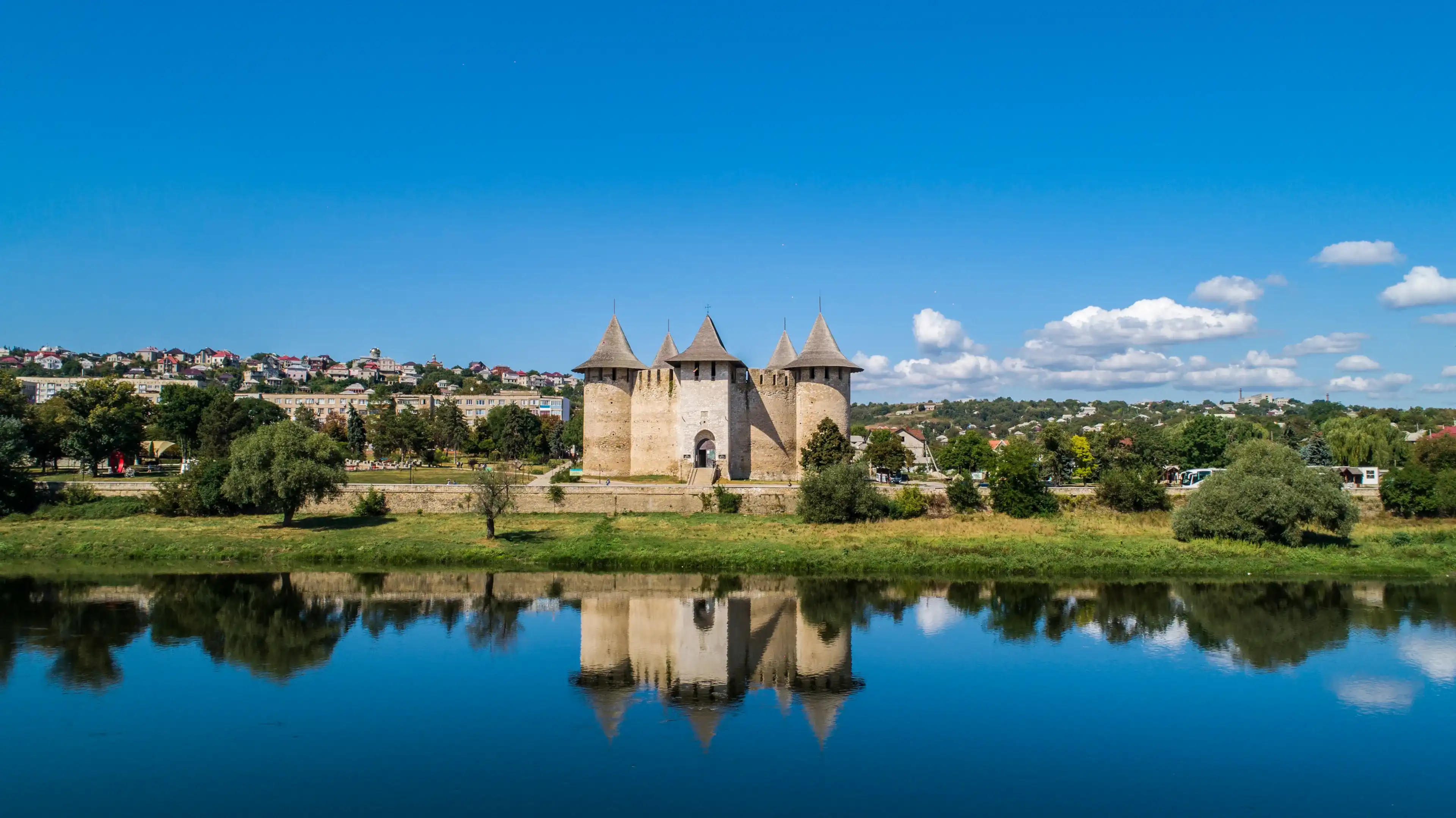 soroca fortress reflected in nistru river shot on drone, historic fort in the Republic of Moldova soroca fortress reflected in nistru river shot on drone, historic fort in the Republic of Moldova