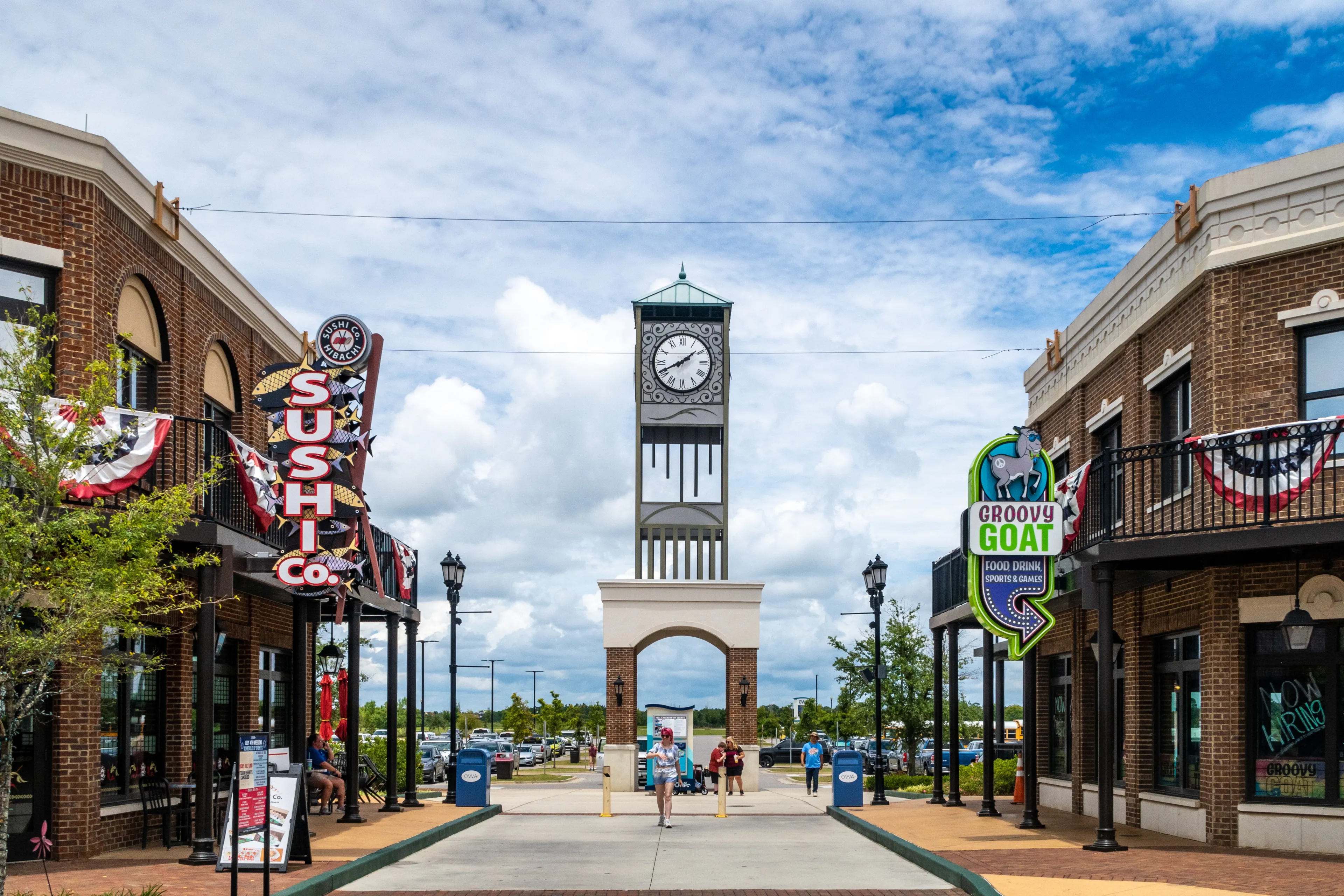 City of Foley in Alabama State, USA, 2021: Tourist plaza with a clock tower 