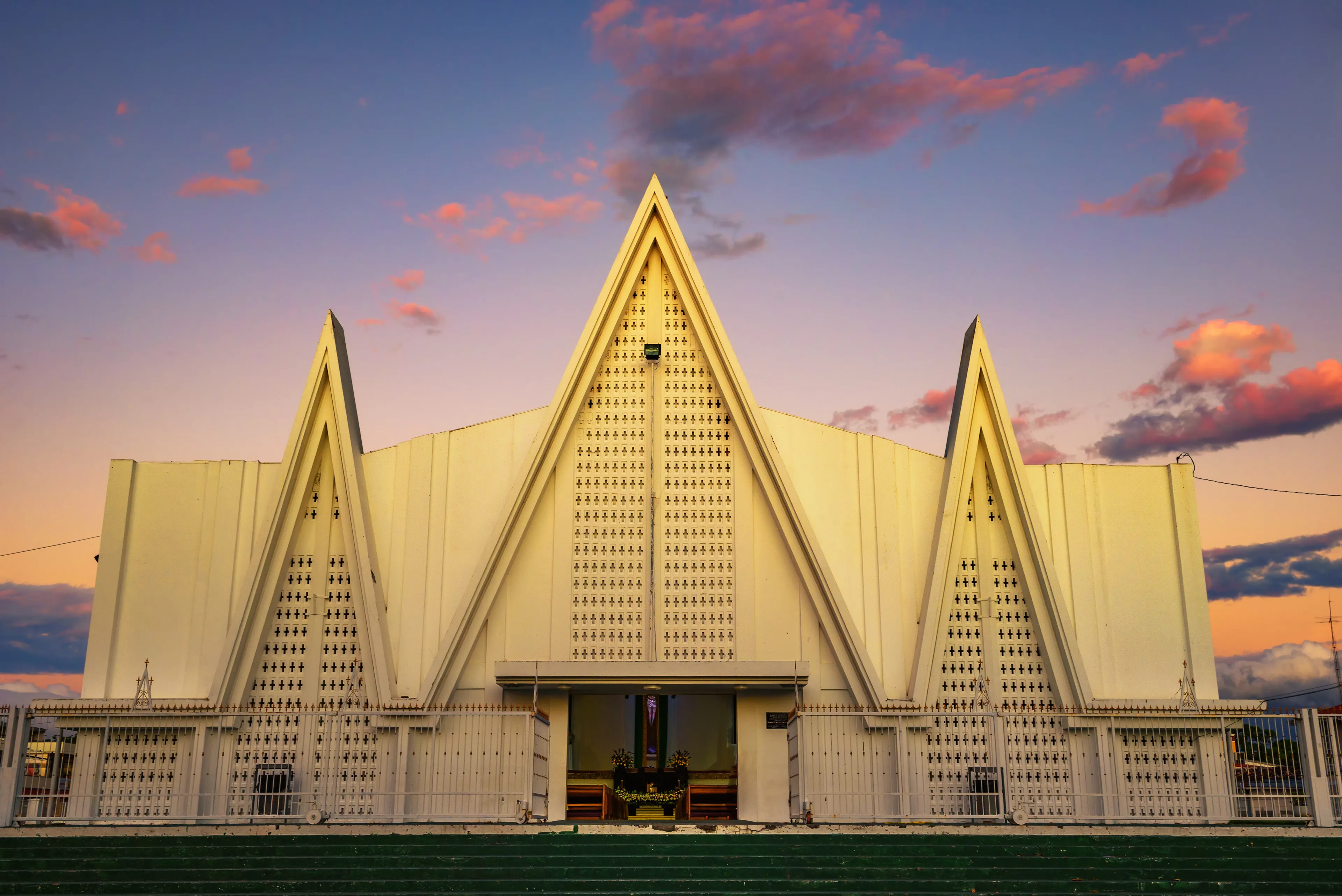 Immaculate Church of Concepcion de Maria located in Liberia, Costa Rica. Photographed from Mario Canas Ruiz Park at sunset.