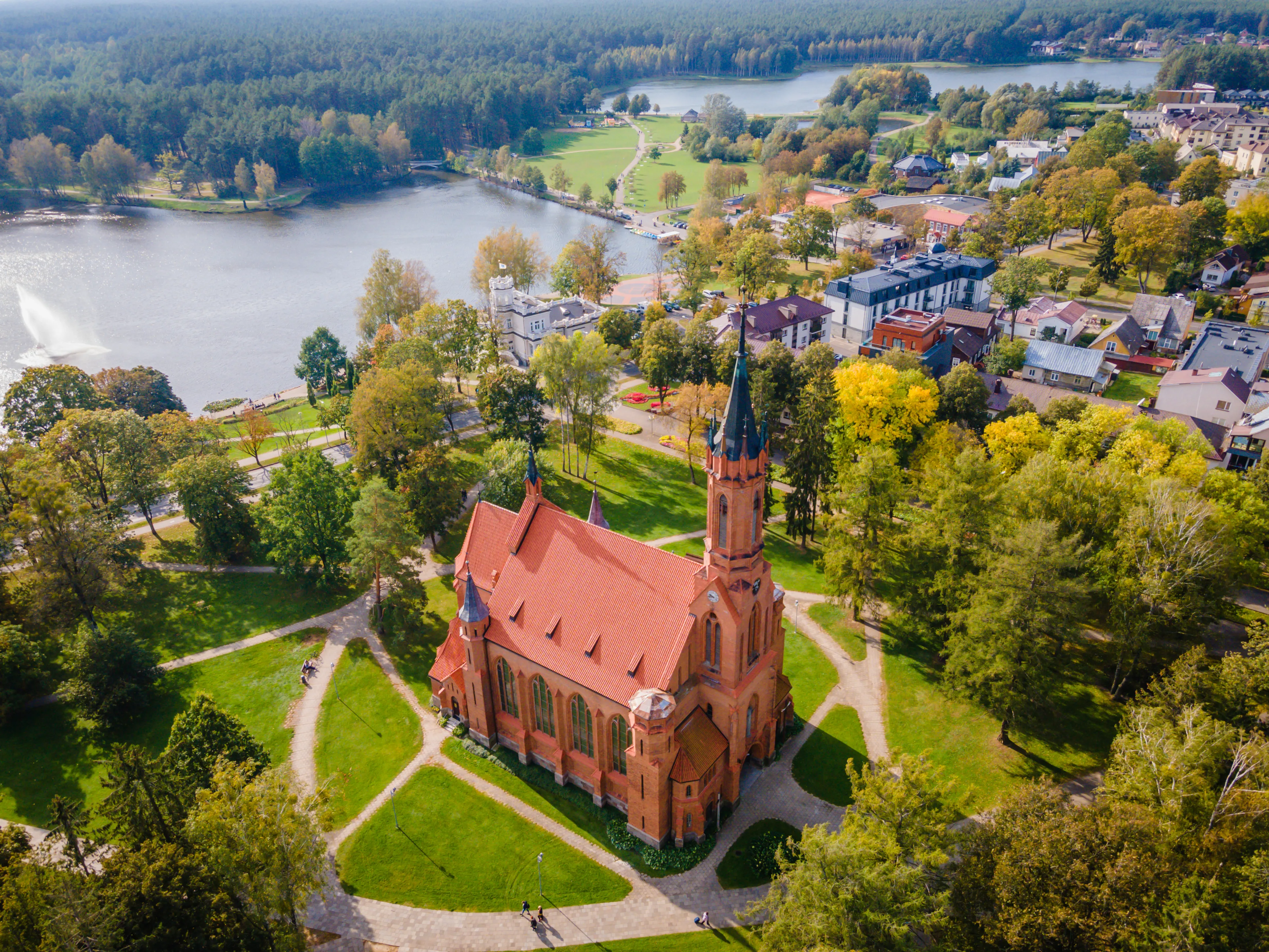 Aerial panoramic view of Lithuanian resort Druskininkai church in city park