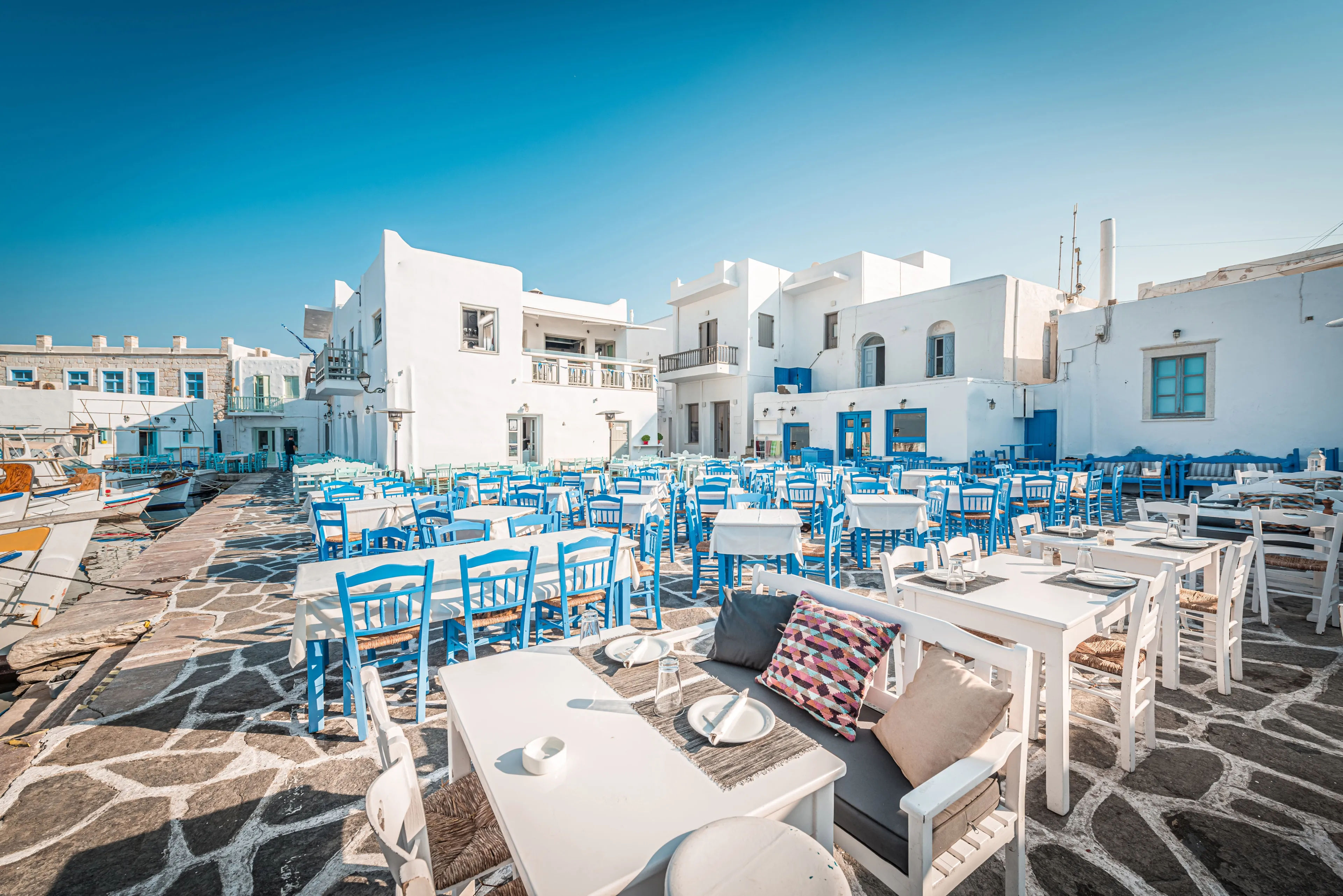 Naousa, in the northeastern corner of the island of Paros, in Cyclades Archipelago, Aegean Sea, Greece.