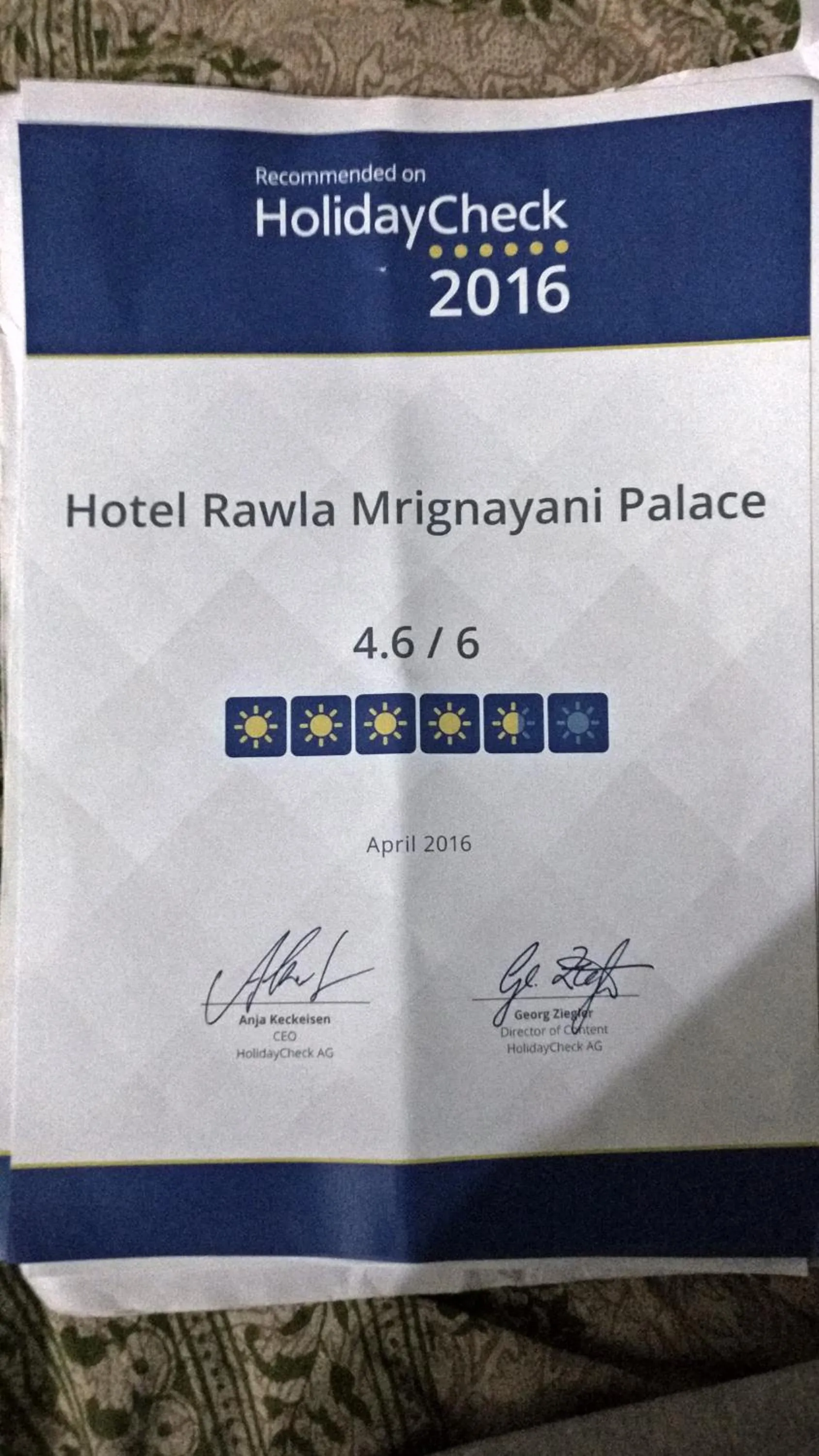 Certificate/Award in Rawla Mrignayani Palace
