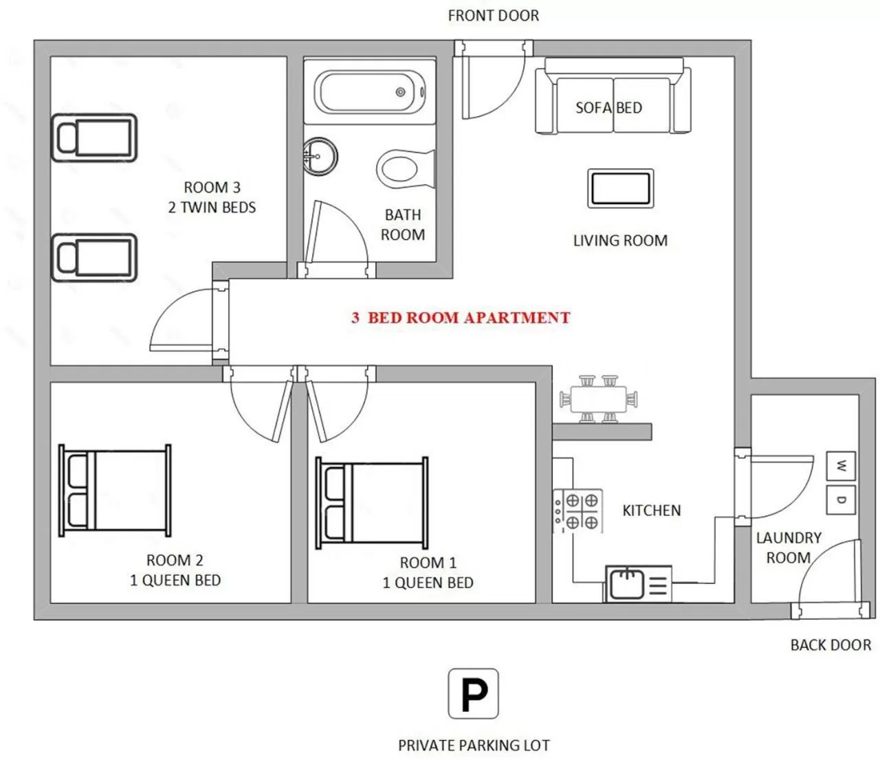 Floor plan in 1 or 3 Bedroom Apartment with Full Kitchen