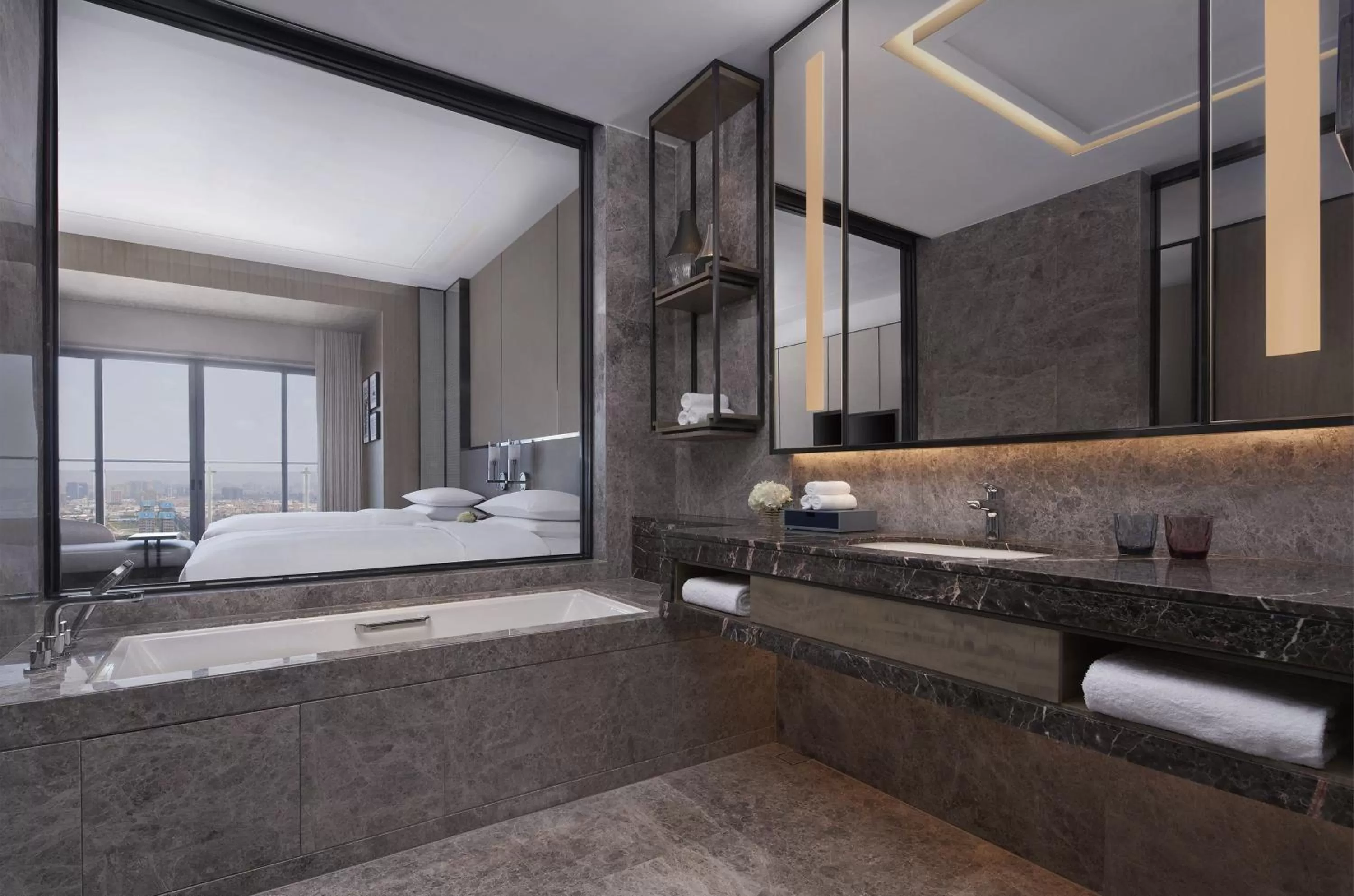Bathroom, Bed in Foshan Marriott Hotel