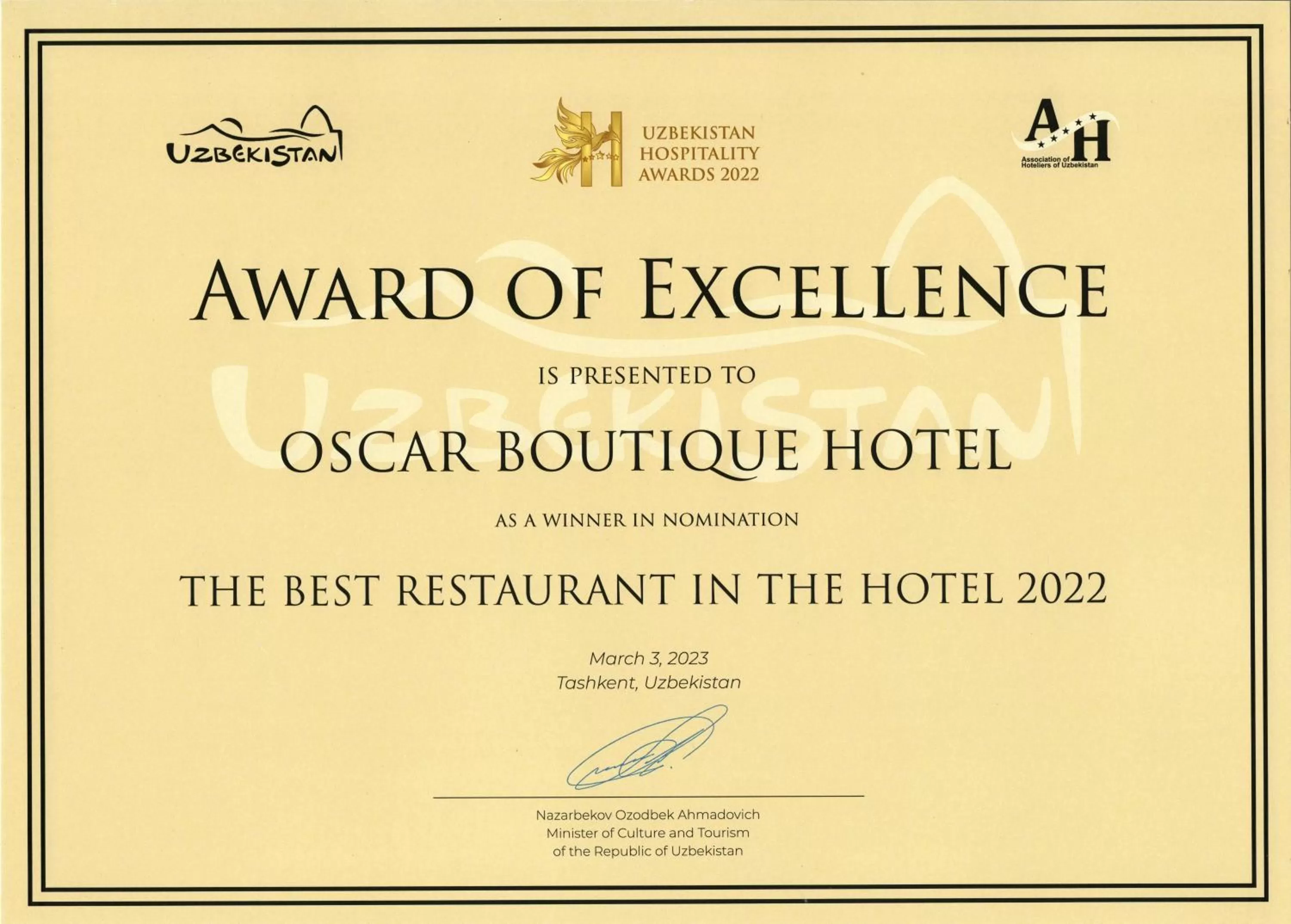 Certificate/Award in OSCAR BOUTIQUE HOTEL