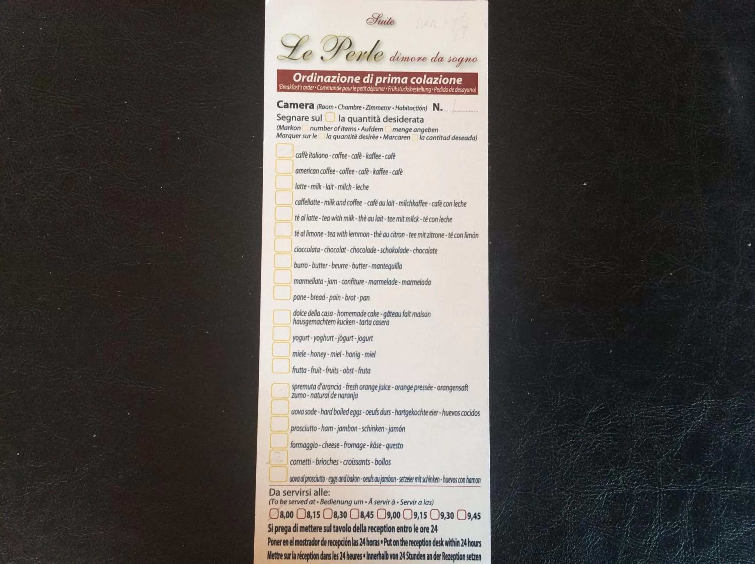 Food and drinks in Suite Le Perle