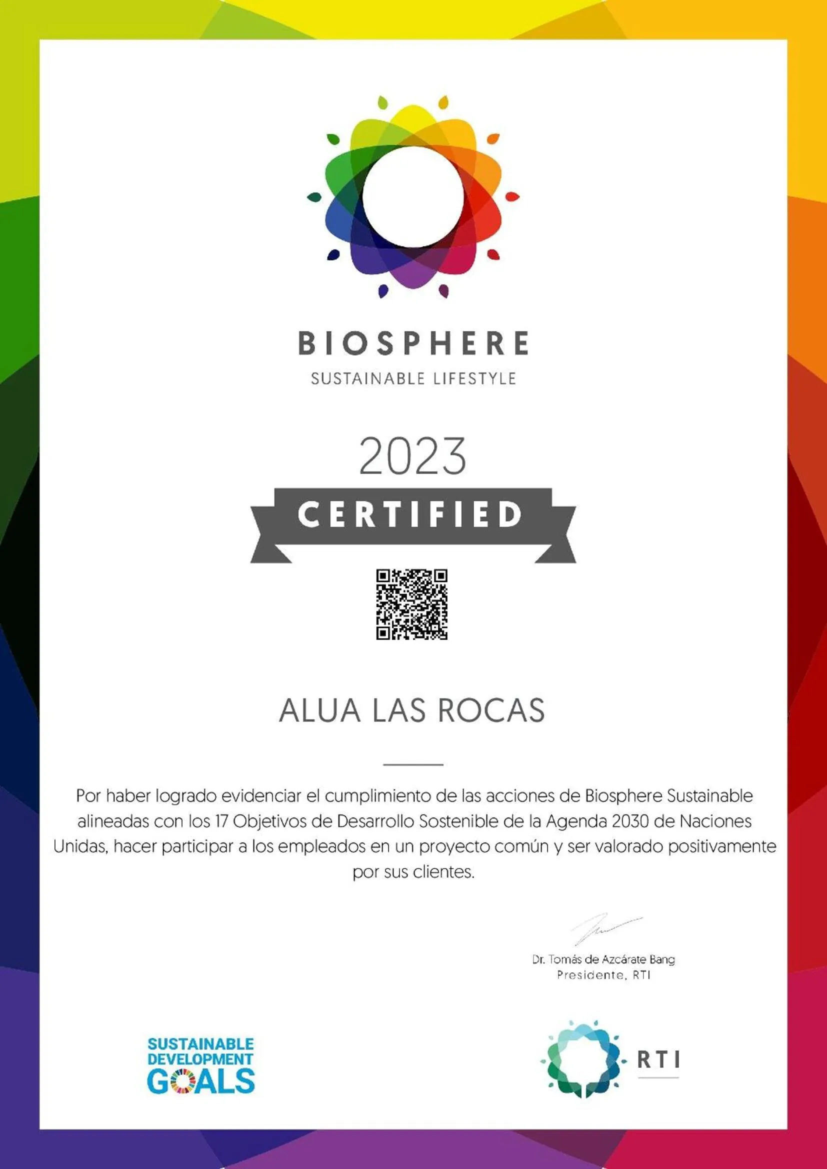 Certificate/Award in Alua Suites Las Rocas