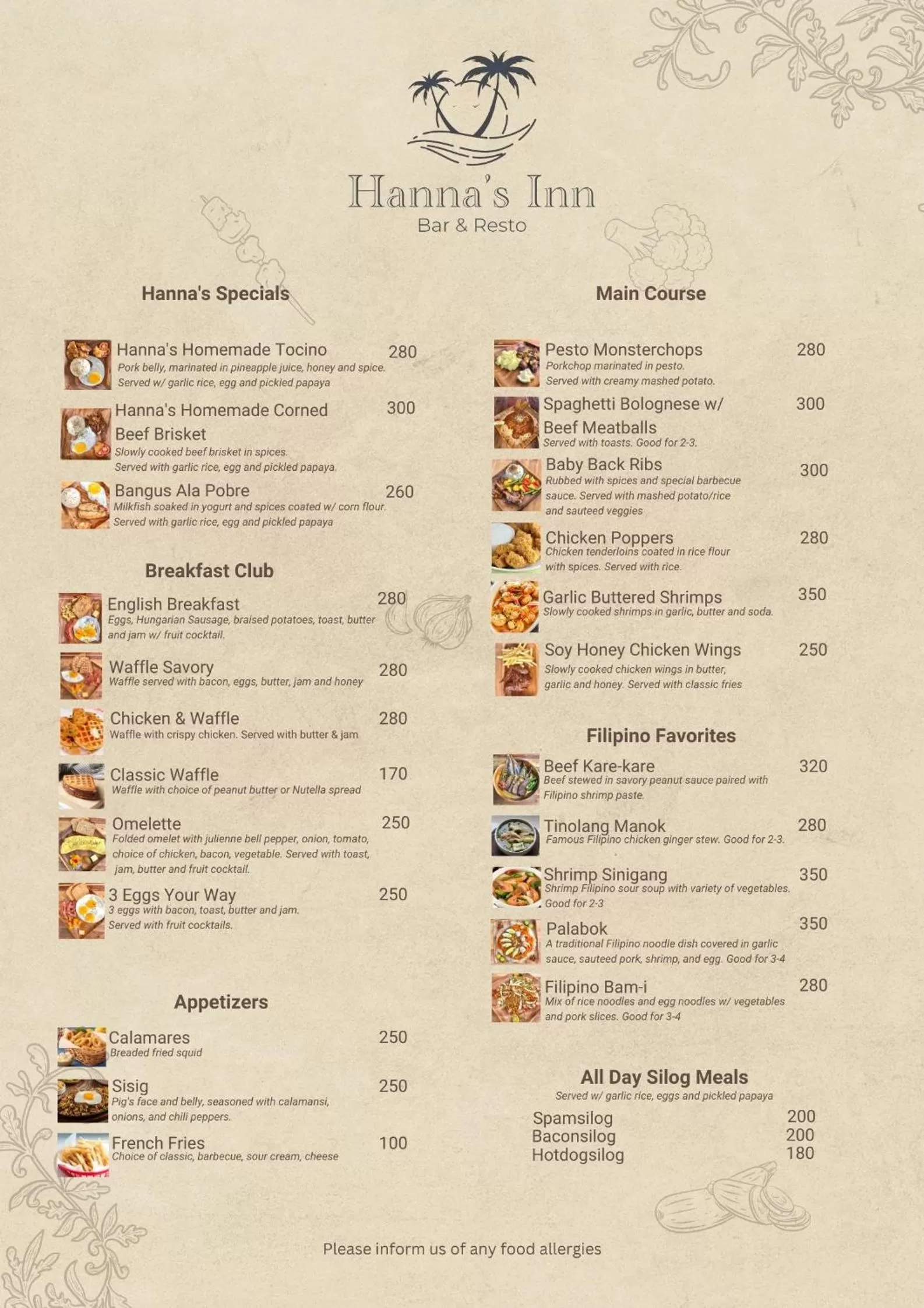 Food and drinks in Hanna's Inn, El Nido