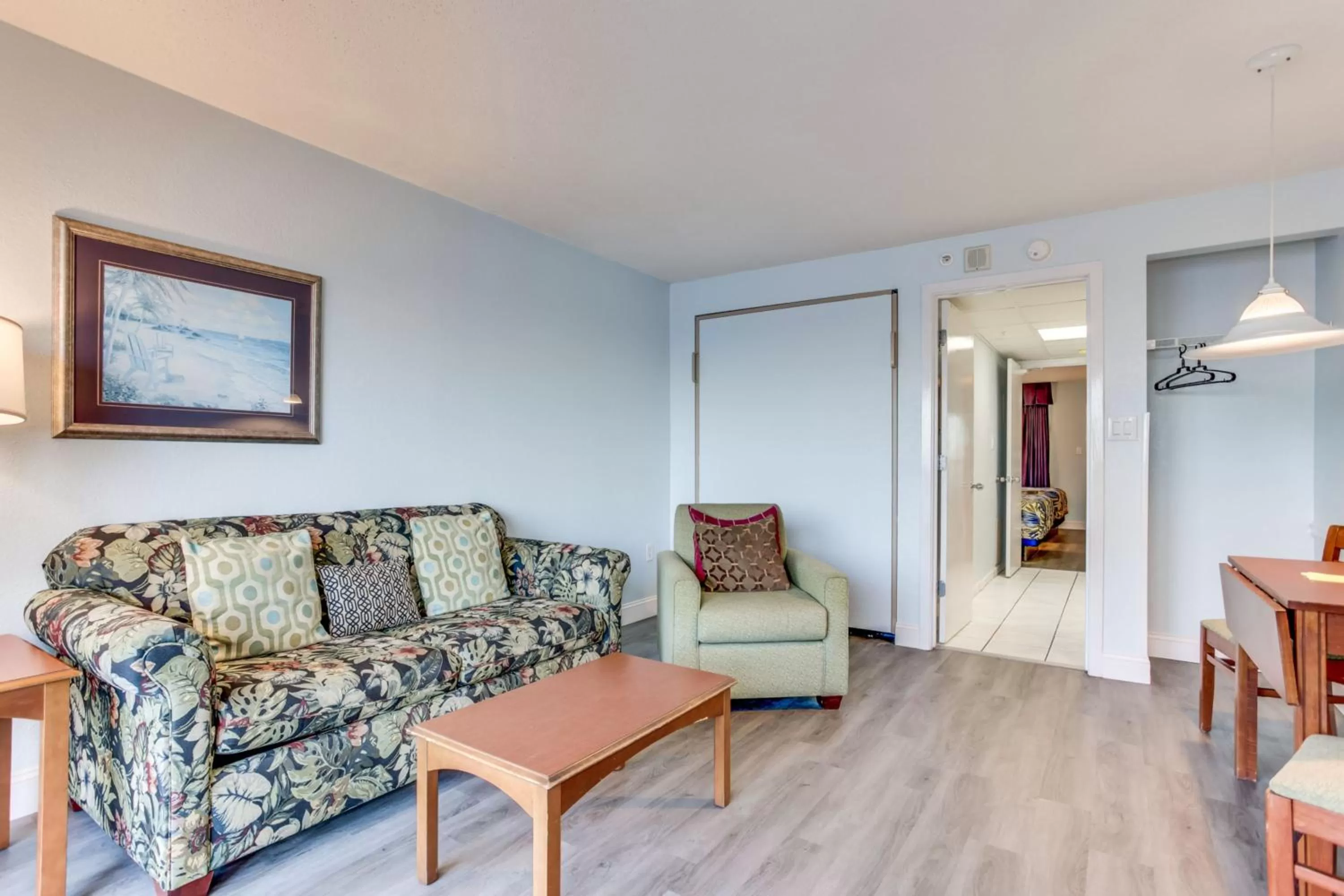 Living room, Seating Area in Boardwalk Beach Resort Condo w Oceanfront Balcony