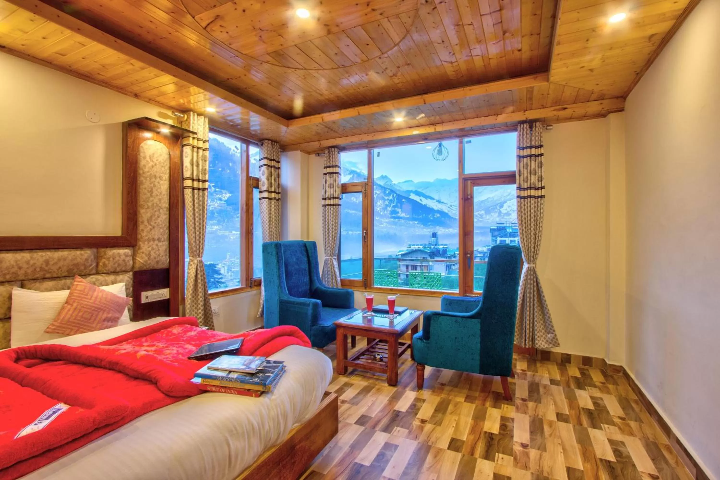View (from property/room), Bed in Snow City's Montana Blues Resort Manali - Heated & Air-Cooled Stay