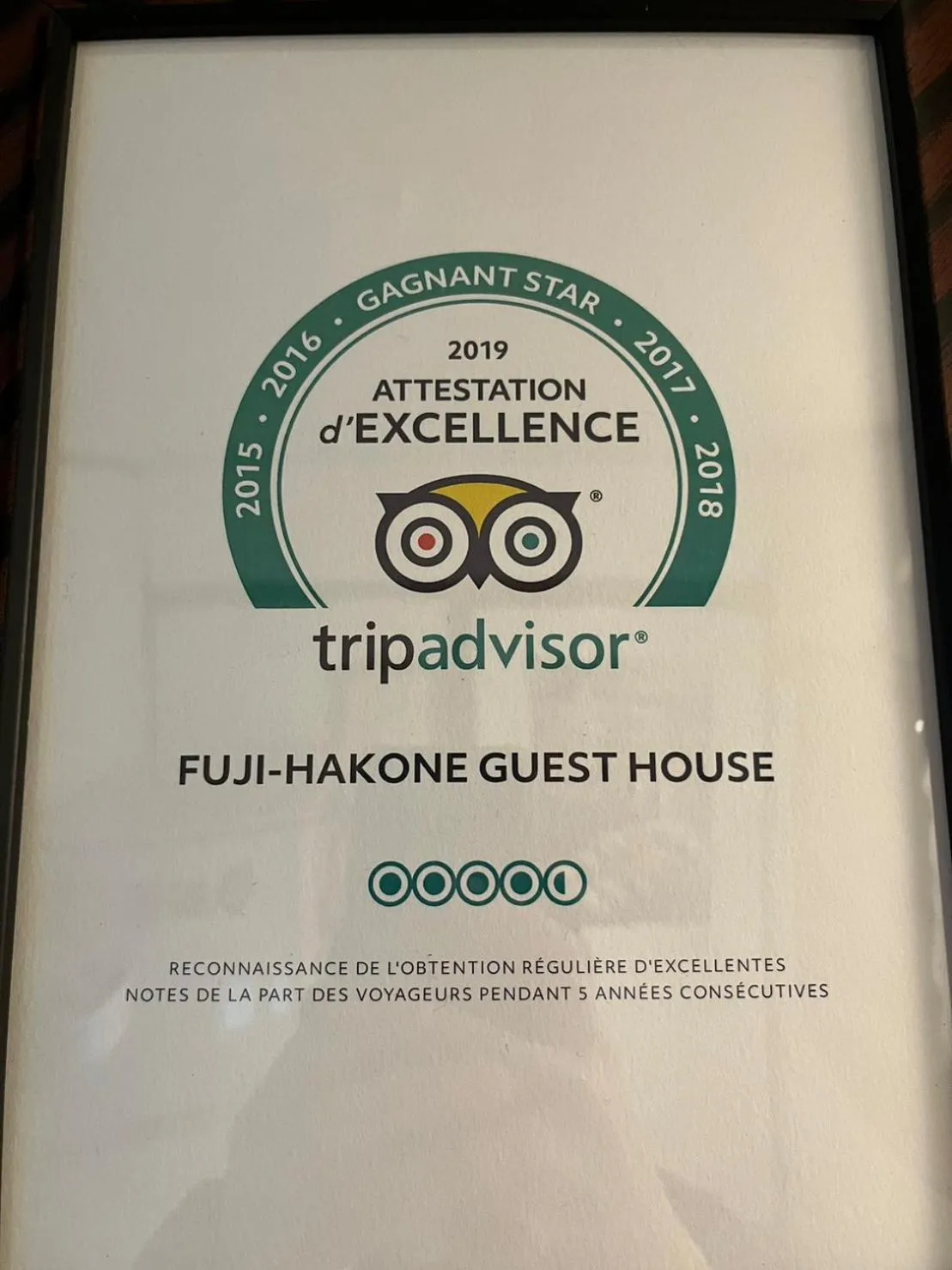 Certificate/Award in Fuji-Hakone Guest House