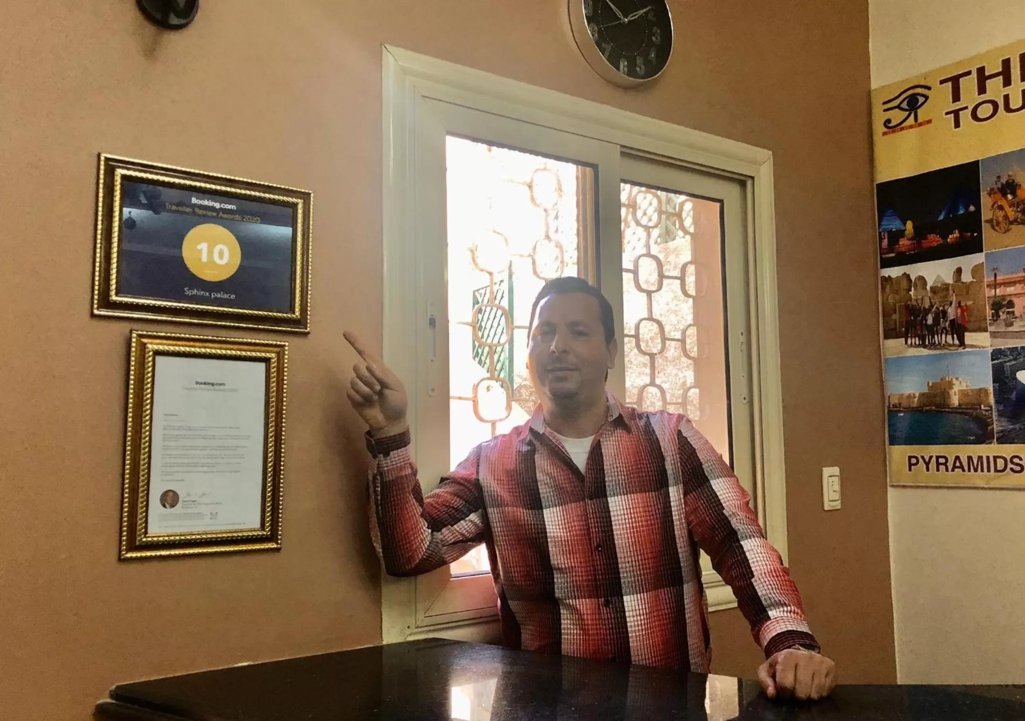 Sphinx palace pyramids view