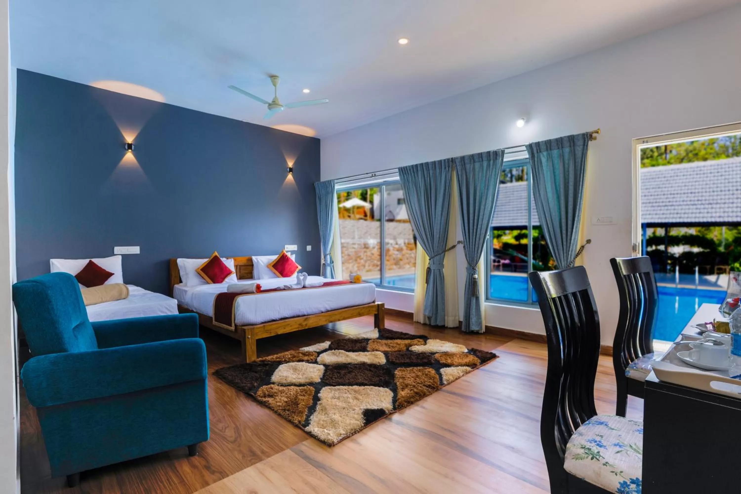 Pool view, Bed in The Spectrum Resort - Chikmagalur