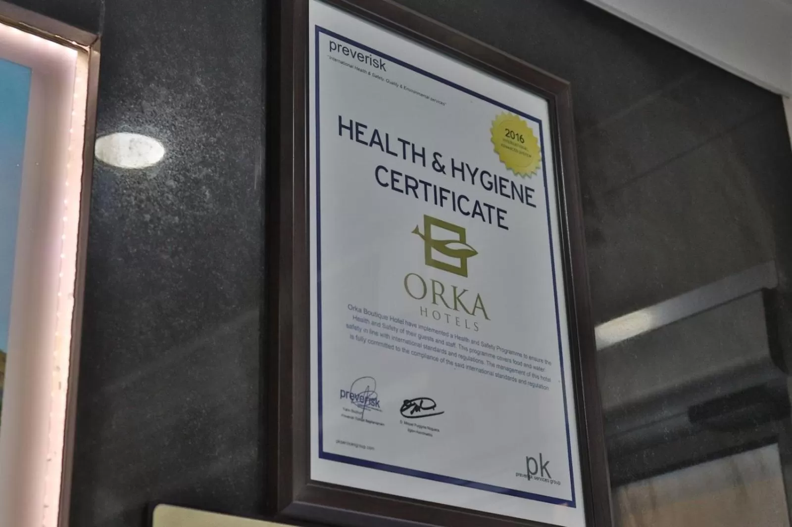 Certificate/Award in Orka Boutique Hotel