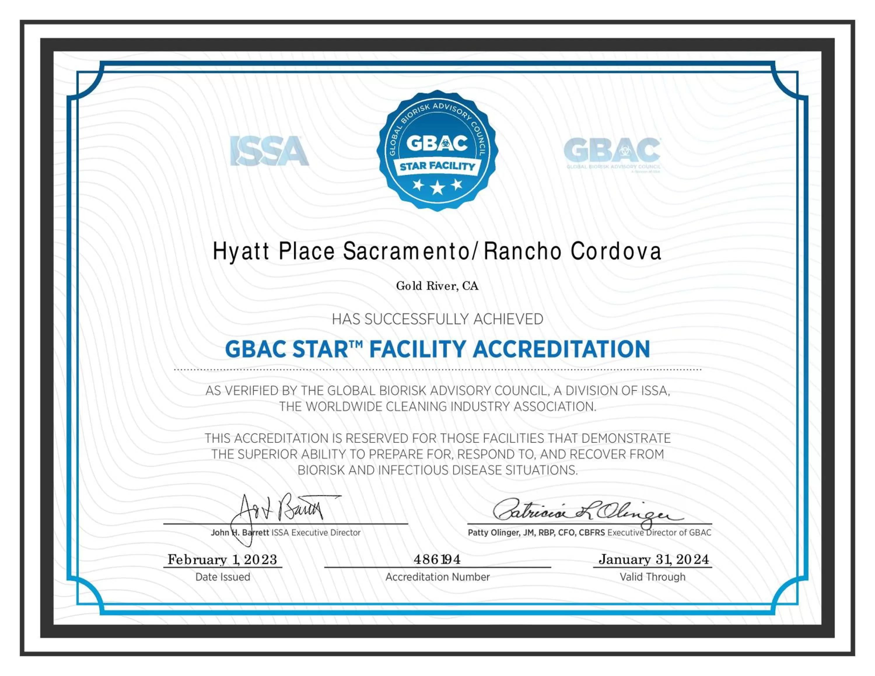 Certificate/Award in Hyatt Place Sacramento Rancho Cordova