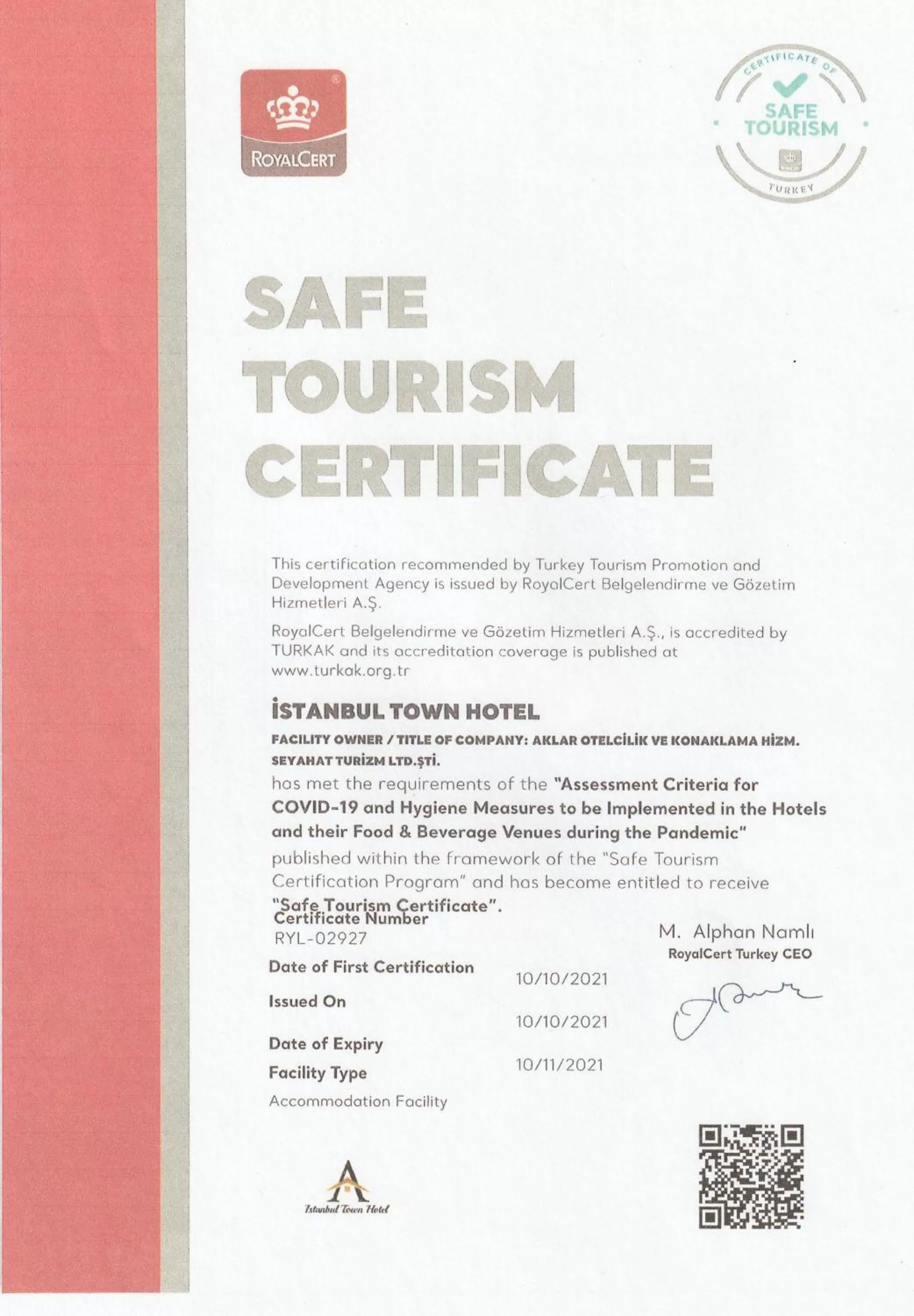 Certificate/Award in Istanbul Town Hotel