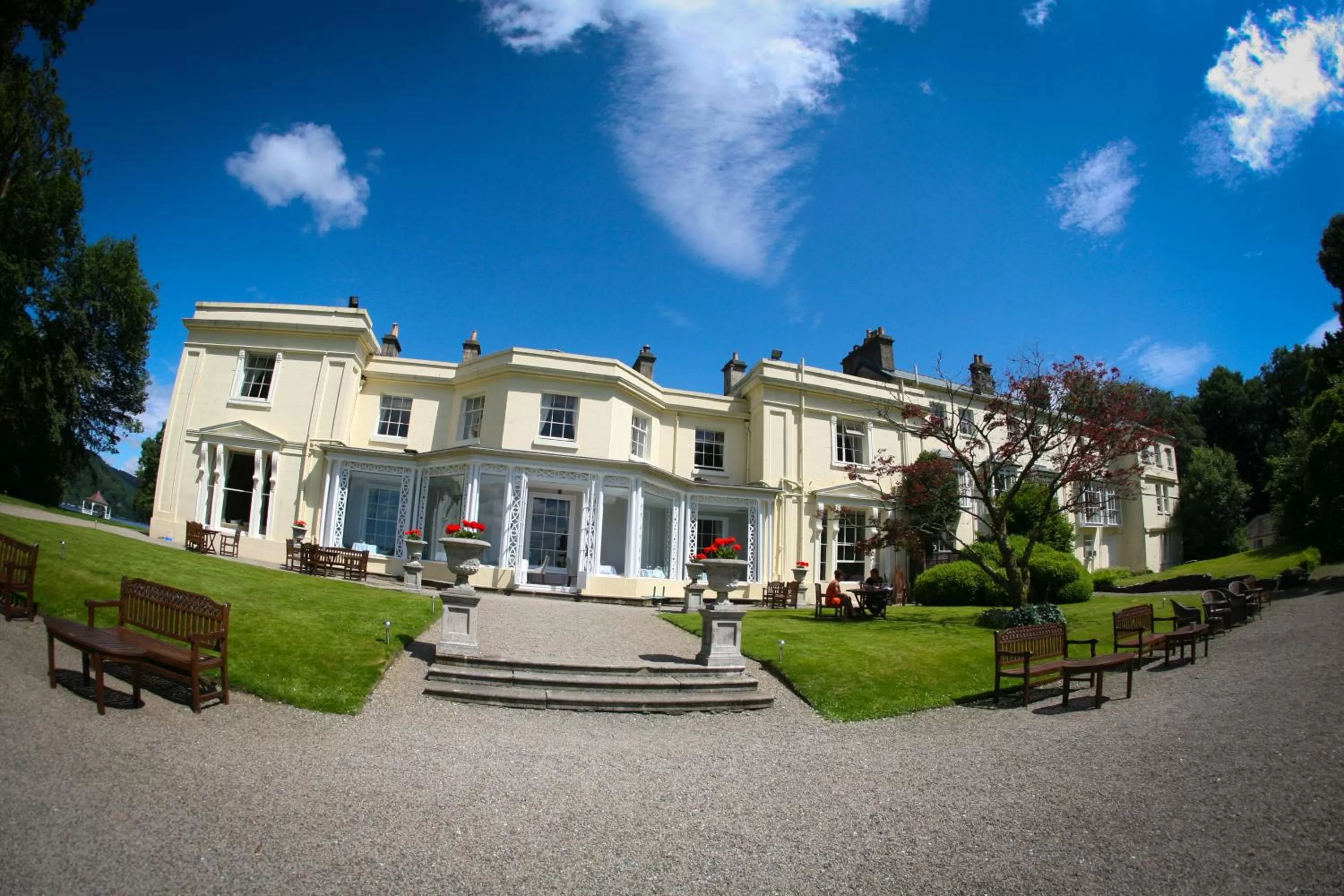 Facade/entrance in Storrs Hall Hotel on the shore of Lake Windermere