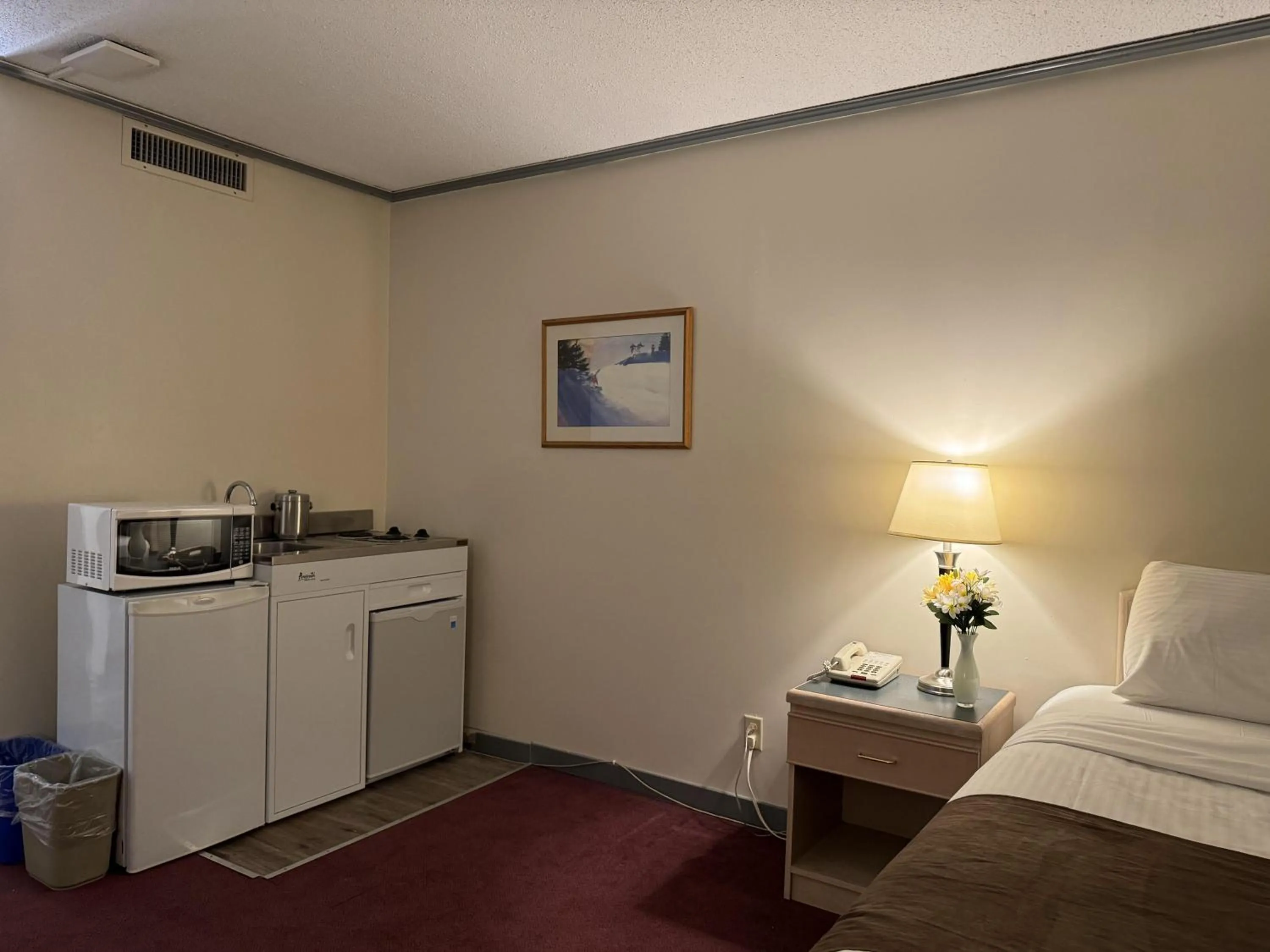 Kitchen or kitchenette, Bed in Divya Sutra Plaza and Conference Centre, Vernon, BC