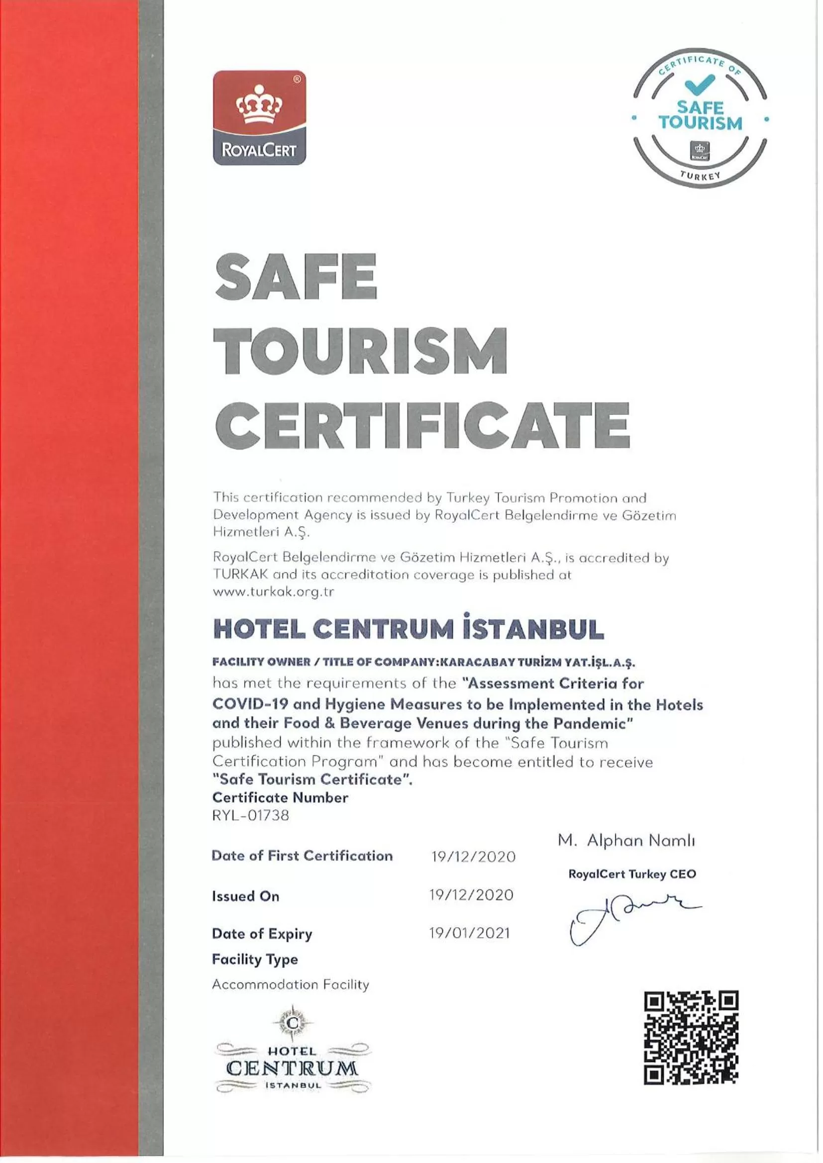 Logo/Certificate/Sign in Hotel Centrum Istanbul