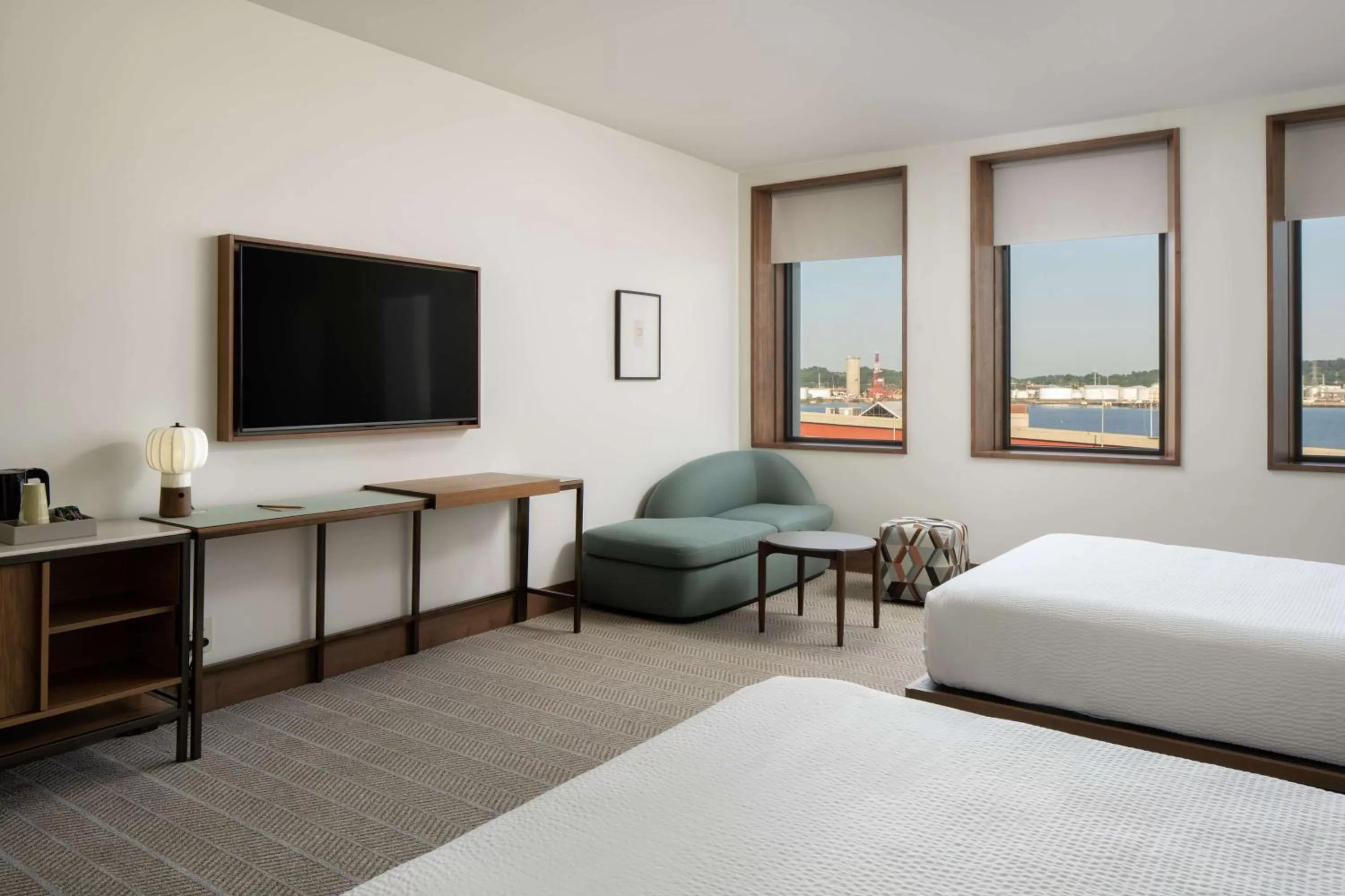 Deluxe Queen Room with Two Queen Beds with Roll-In Shower and Water View - Mobility Accessible in Hotel Marcel New Haven, Tapestry Collection By Hilton