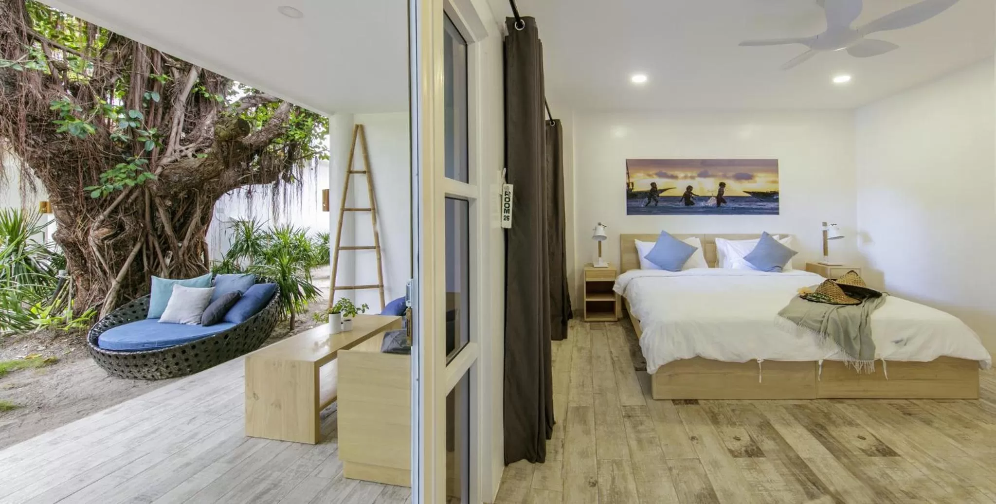 Patio, Bed in Ocean Vida Beach and Dive Resort