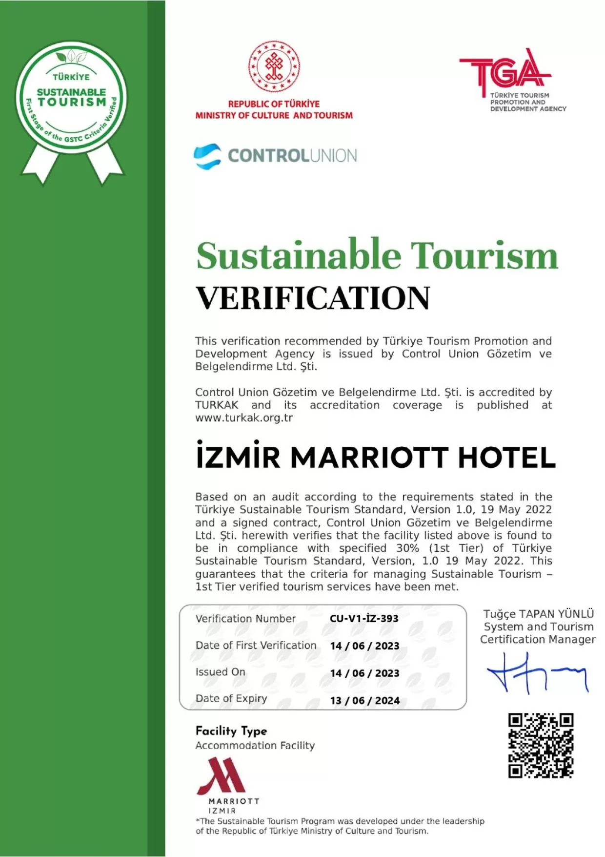 Certificate/Award in Izmir Marriott Hotel