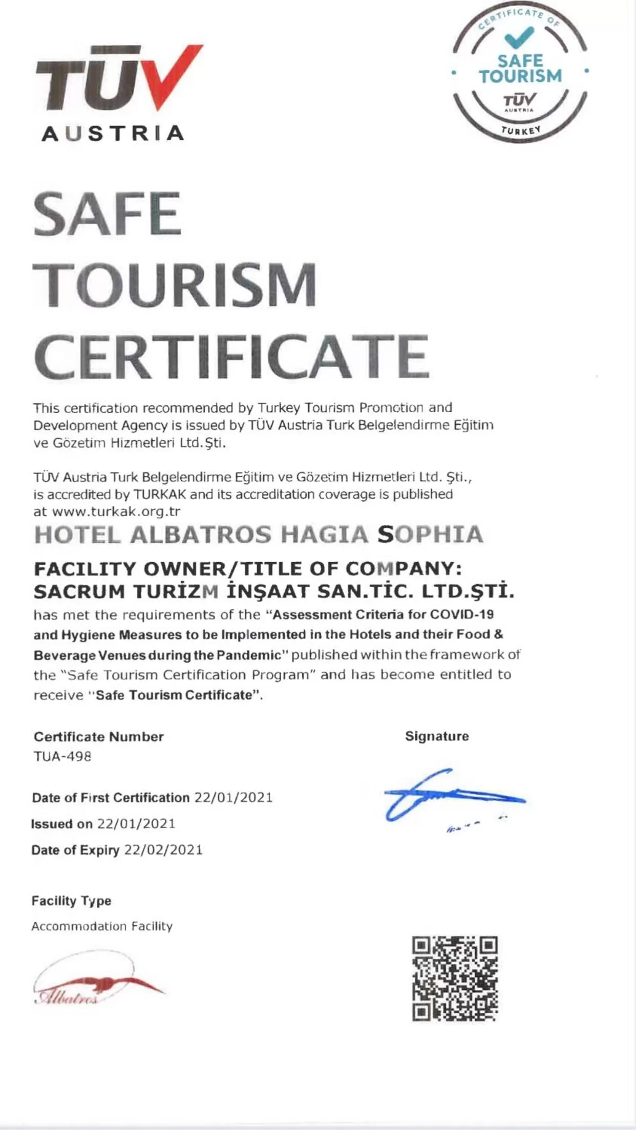 Certificate/Award in Albatros Hagia Sophia Hotel