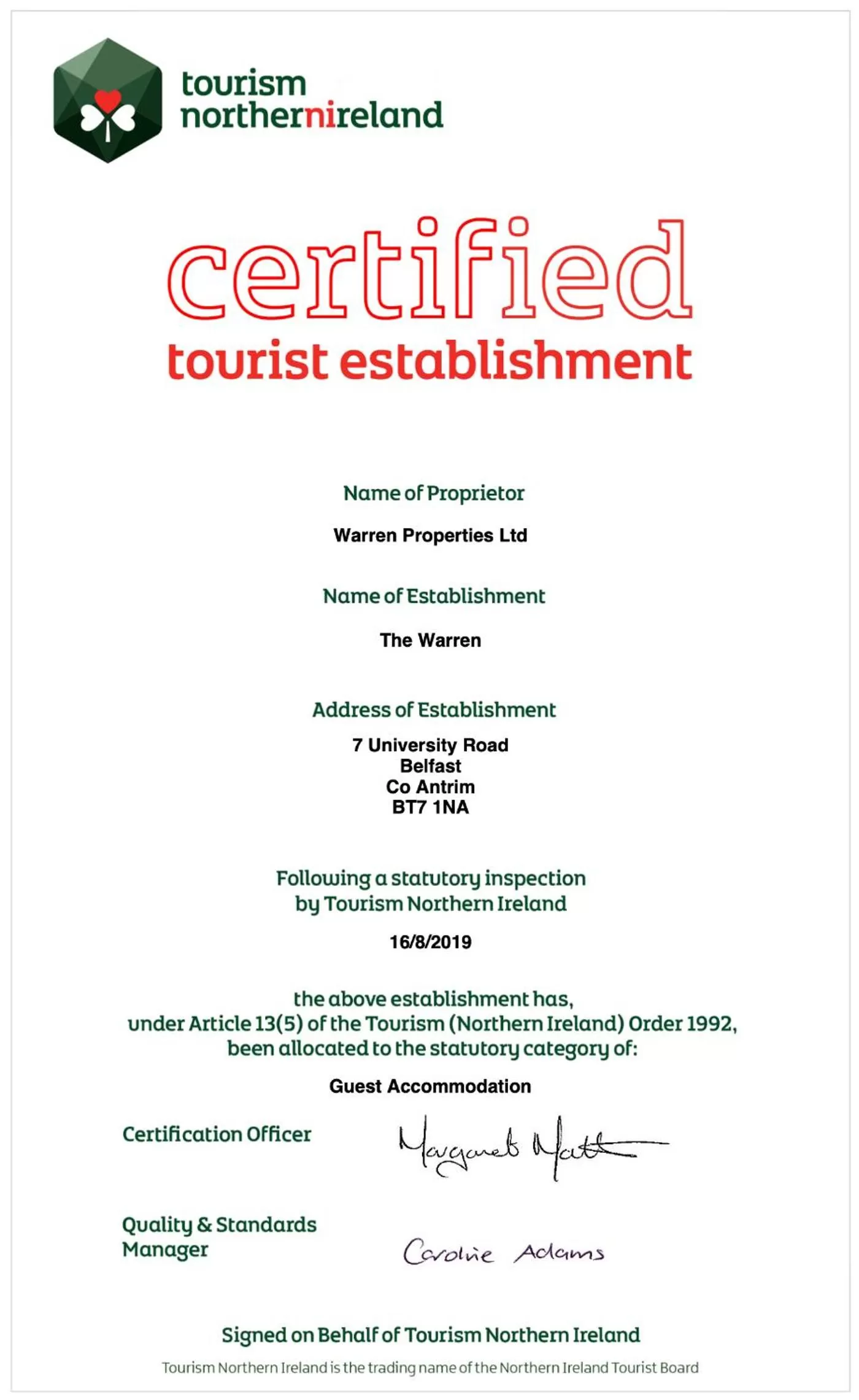 Certificate/Award in The Warren Belfast